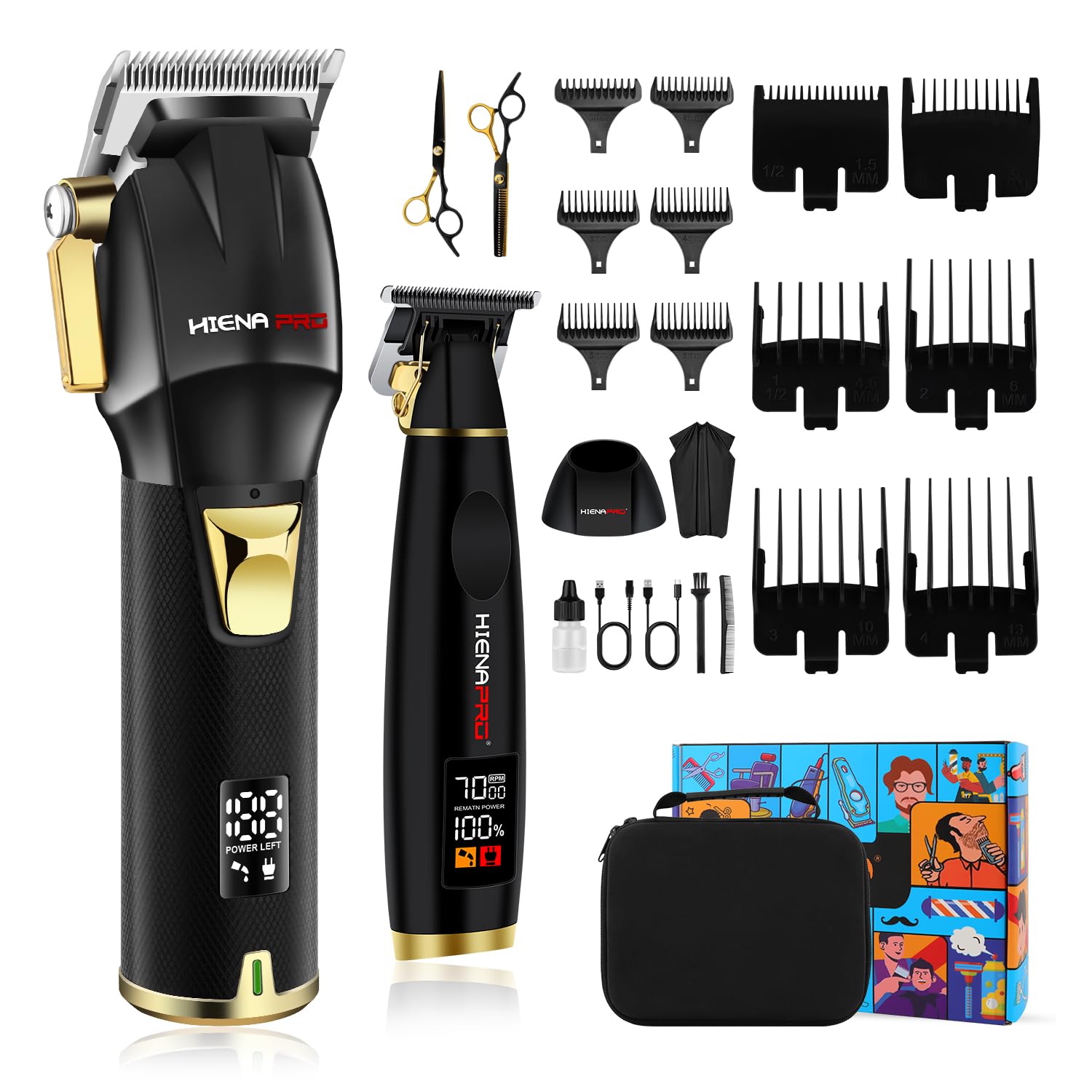 Professional Hair Clippers Set for Men Cordless Barber Kit Hair Cutting Set Rechargeable Clippers and Trimmers Set Hair Cutting Kit with LED Display, USB Charging, Gifts for Men, (Black)