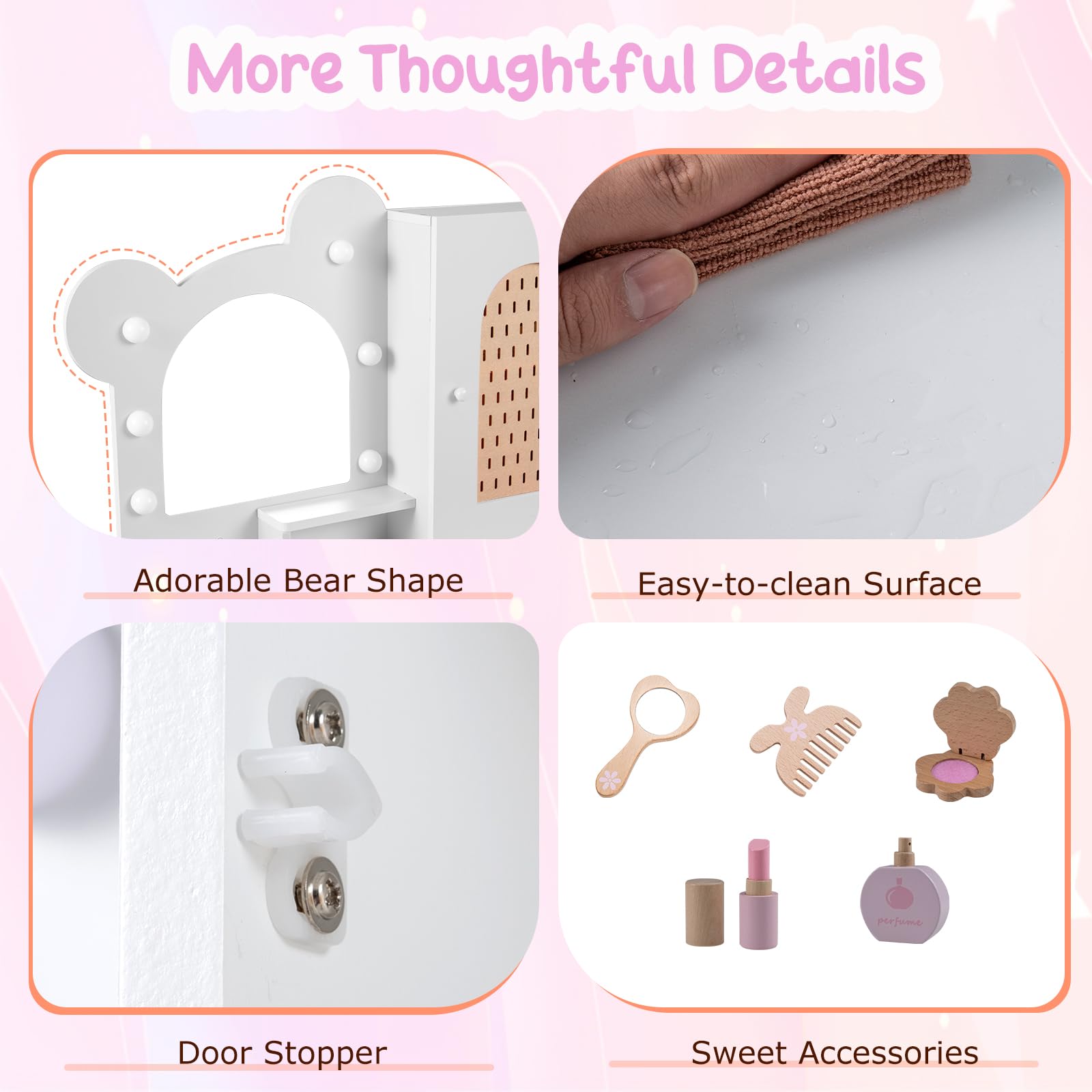 LIFEZEAL Tocador Infantil con Luces, Tocador Niña con Espejo y Silla Princesa, 5 Cajones y 2 Compartimentos, Armario de Una Puerta, Estante Abierto, Mesa de Maquillaje para Niños (Blanco)