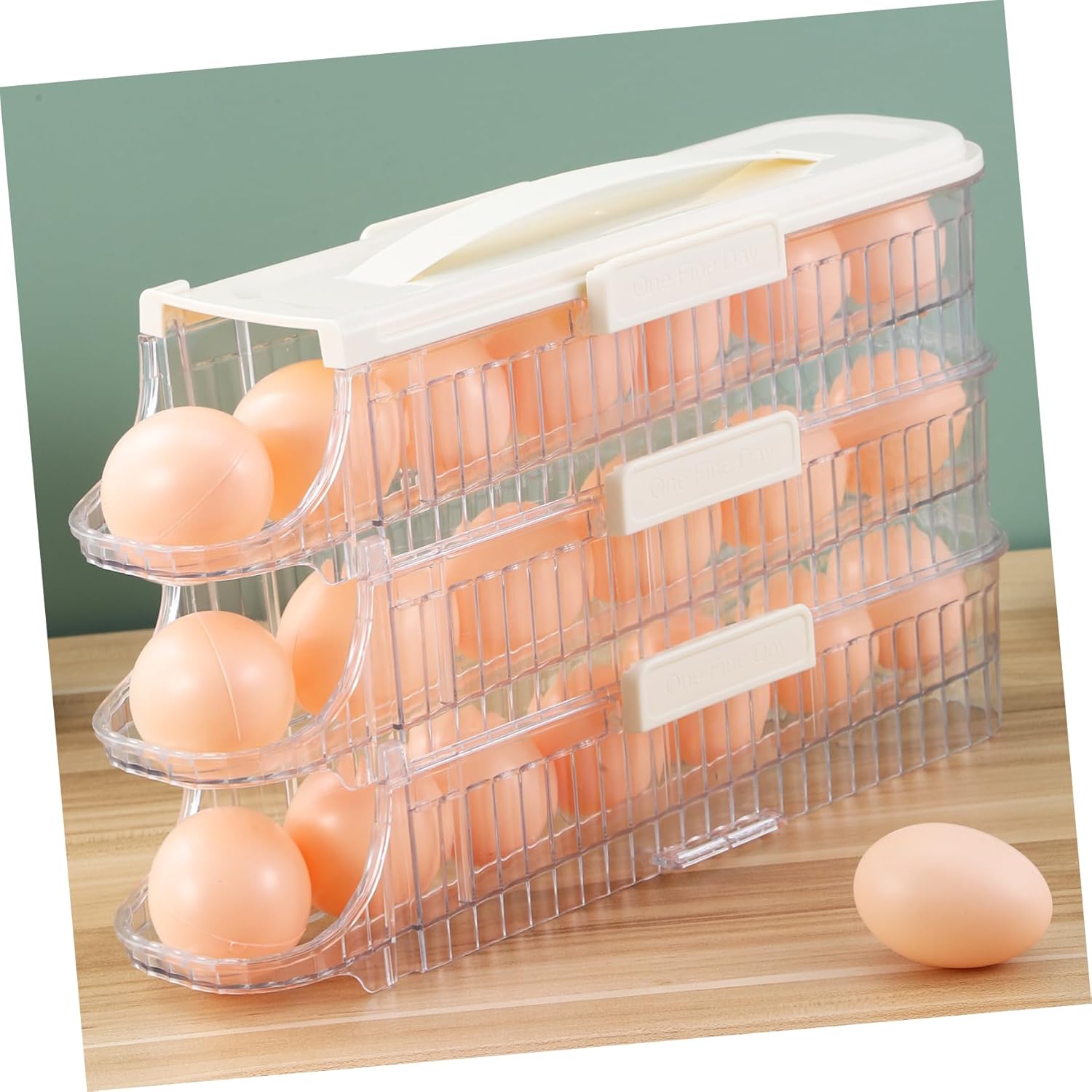 Rolling Egg Dispenser Egg Storage Organizer Three Egg Holder for Refrigerator Creamy Design Space Saving and Easy Access Egg Tray for Kitchen and Pantry