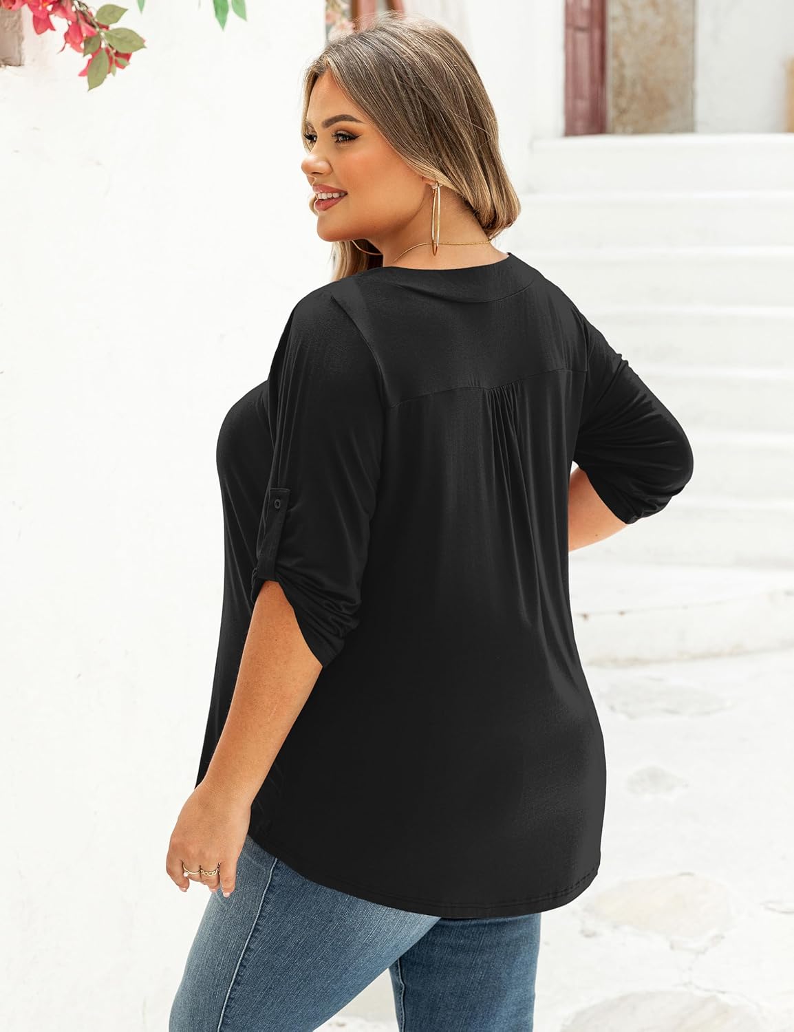 FOLUNSI Womens Plus Size 3/4 Roll Sleeve Blouses V Neck Casual Tunic Tops - Image 5