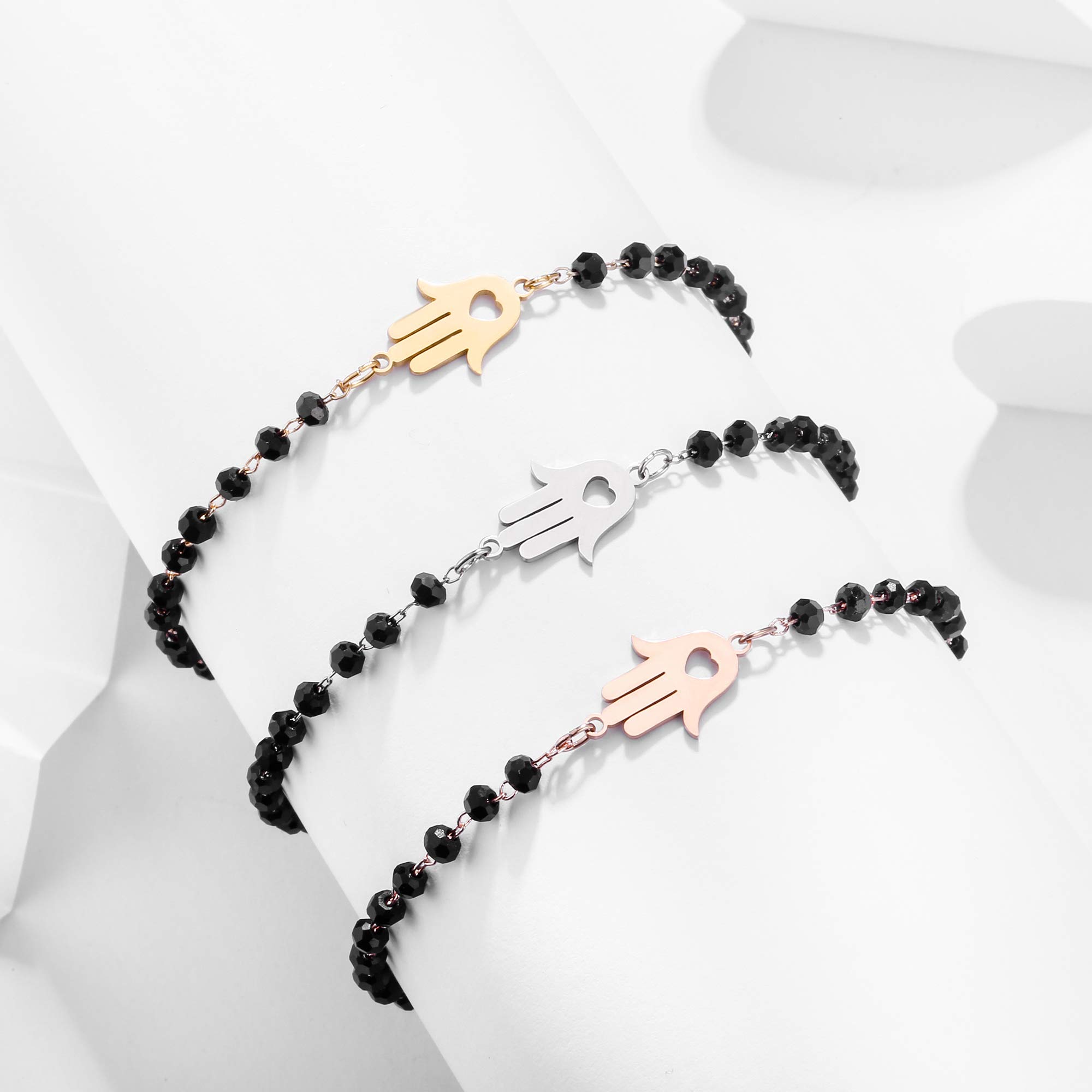 pengjin-Bracciale con ciondolo a quadrifoglio portafortuna, in acciaio inox, con perline nere, semplice braccialetto portafortuna