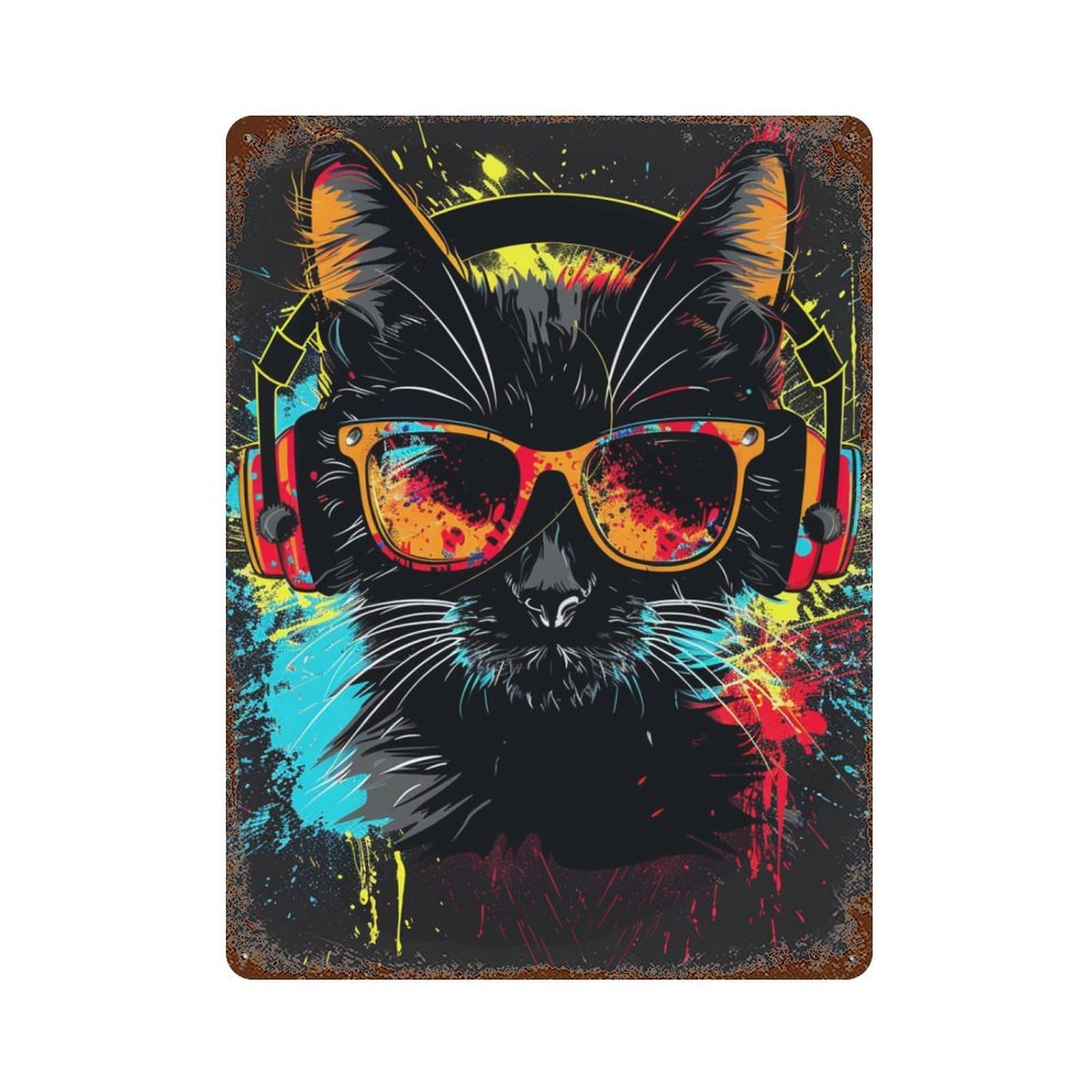 Colorful Cat Headphones Art Print 15.7"x11.8" Retro Metal Sign, Old School Wall Decor for Office, Studio And Wall Decor