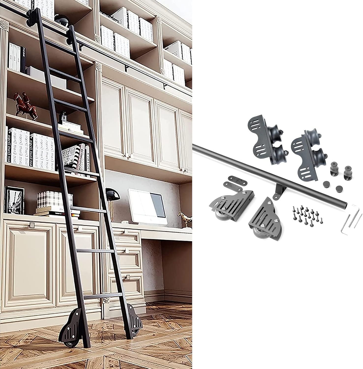 Retractable Rolling Ladder Hardware Library Sliding Barn Door Kit(No Ladder),3.3ft-20ft with Floor Roller Wheels Round Tube Mobile Track for Loft/Home/Indoor/Bookstor,Extension Rail