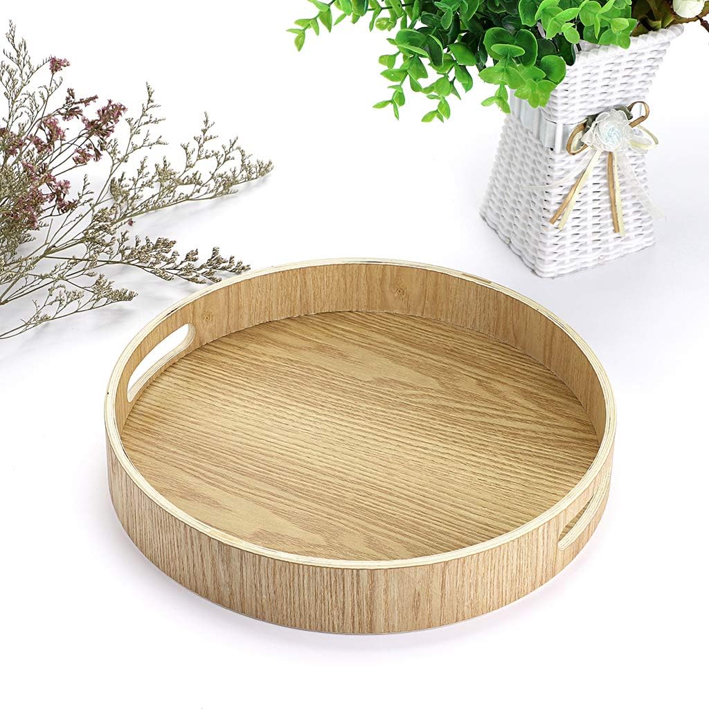 Exclusive Discount 80% Offer Hipiwe Wooden Serving Tray with Handles, Large Round Breakfast Food Serving Tray Drinks Dinner Serving Tray Snack Tray Fruits Organizer Tray Coffee Table Storage Tray, 11.8 Inch
