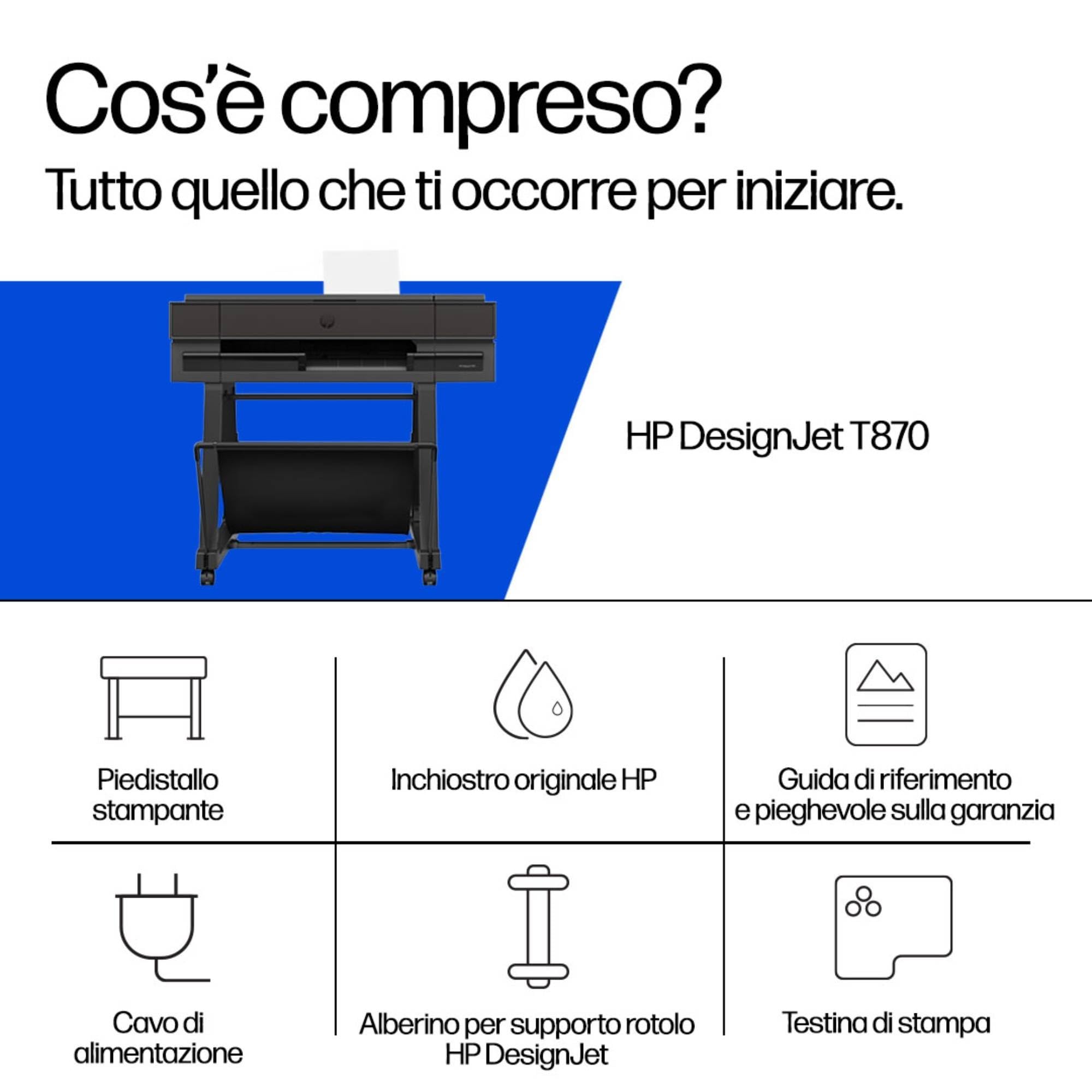 HP DesignJet T870, 61 cm (AM0X9A), Stampante grande formato, Plotter, Multi-formato A4–A1/D, Fino a 120 stampe A1/ora, Wi-Fi, Ethernet, USB, Flex Tech, garanzia 2 anni, Click, nero