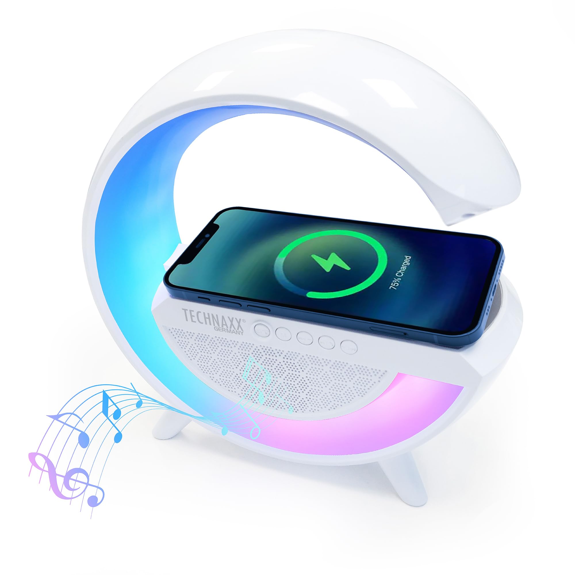 Technaxx Lampada da Comodino LED con Altoparlante Bluetooth e Ricarica Wireless 10W, Luce RGB Atmosfera, Caricatore Qi, USB MicroSD Radio FM AUX, Vivavoce, Stazione Multifunzione TX-264