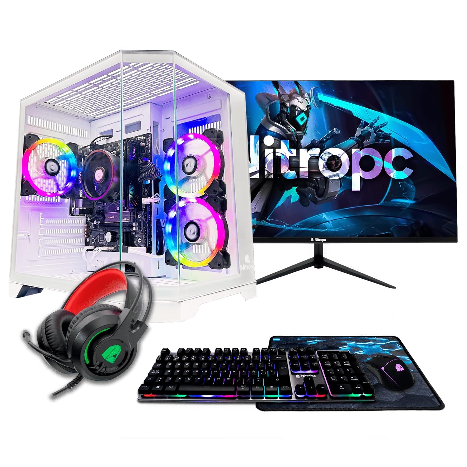 NitroPC - Bronze Plus Pack | Full Gaming PC (AMD Ryzen 5 5600GT 6/12 4.6GHz, RX Vega 7, RAM 32GB, M.2 1TB, Windows 11, RGB | WiFi, 24" Monitor, Keyboard, Mouse, Headphones) Desktop PC (White)
