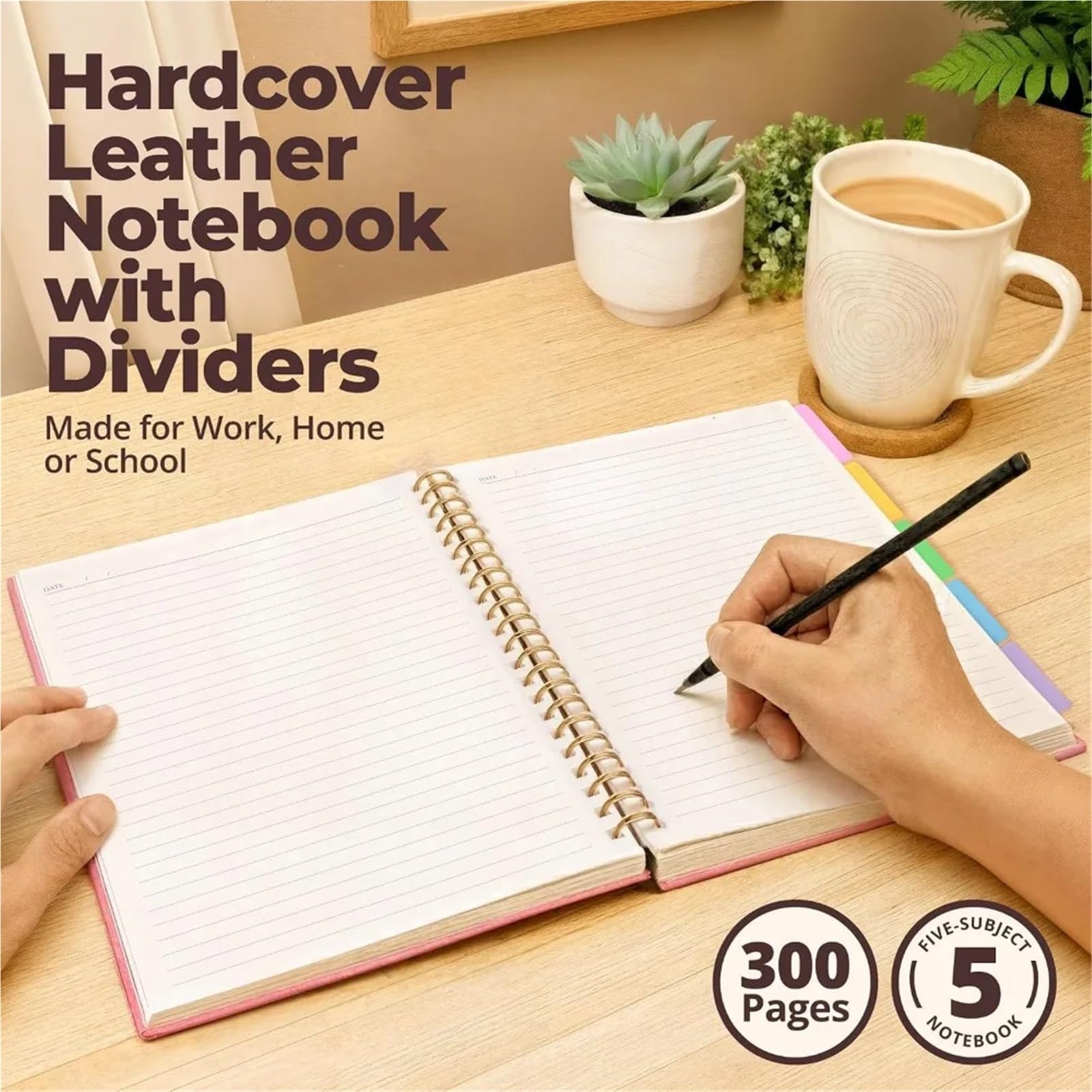 8x10 Hardcover-Notizbuch mit Lederfutter | 300 Seiten, 5 Themen, herausnehmbare Trennblätter, Pink