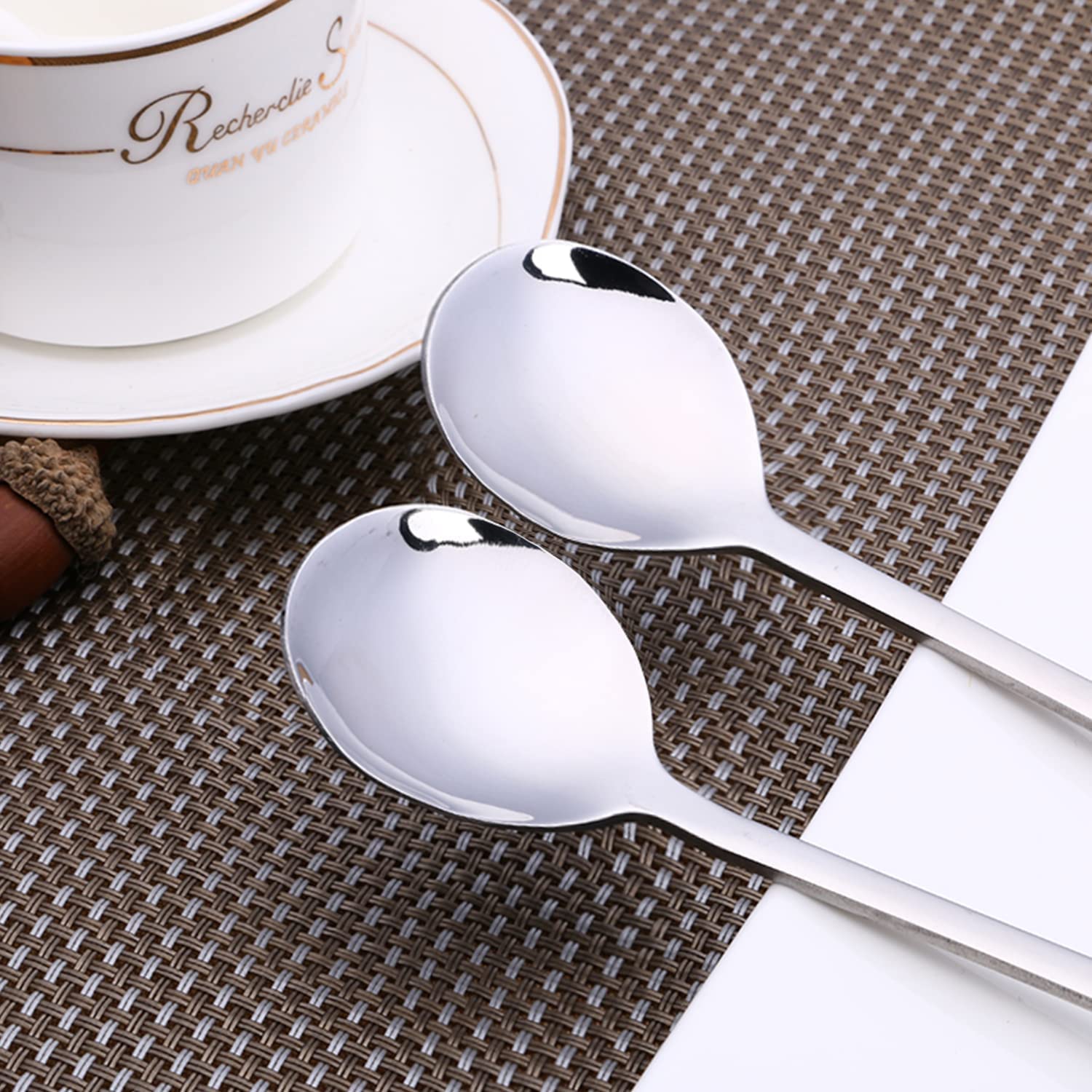 Leeonz 2Pcs Soup Spoons Stainless Steel Round Tablespoons, 8.26 Inch Long Handle Dinner Rice Korean Spoons Set for Home Kitchen Restaurant 1