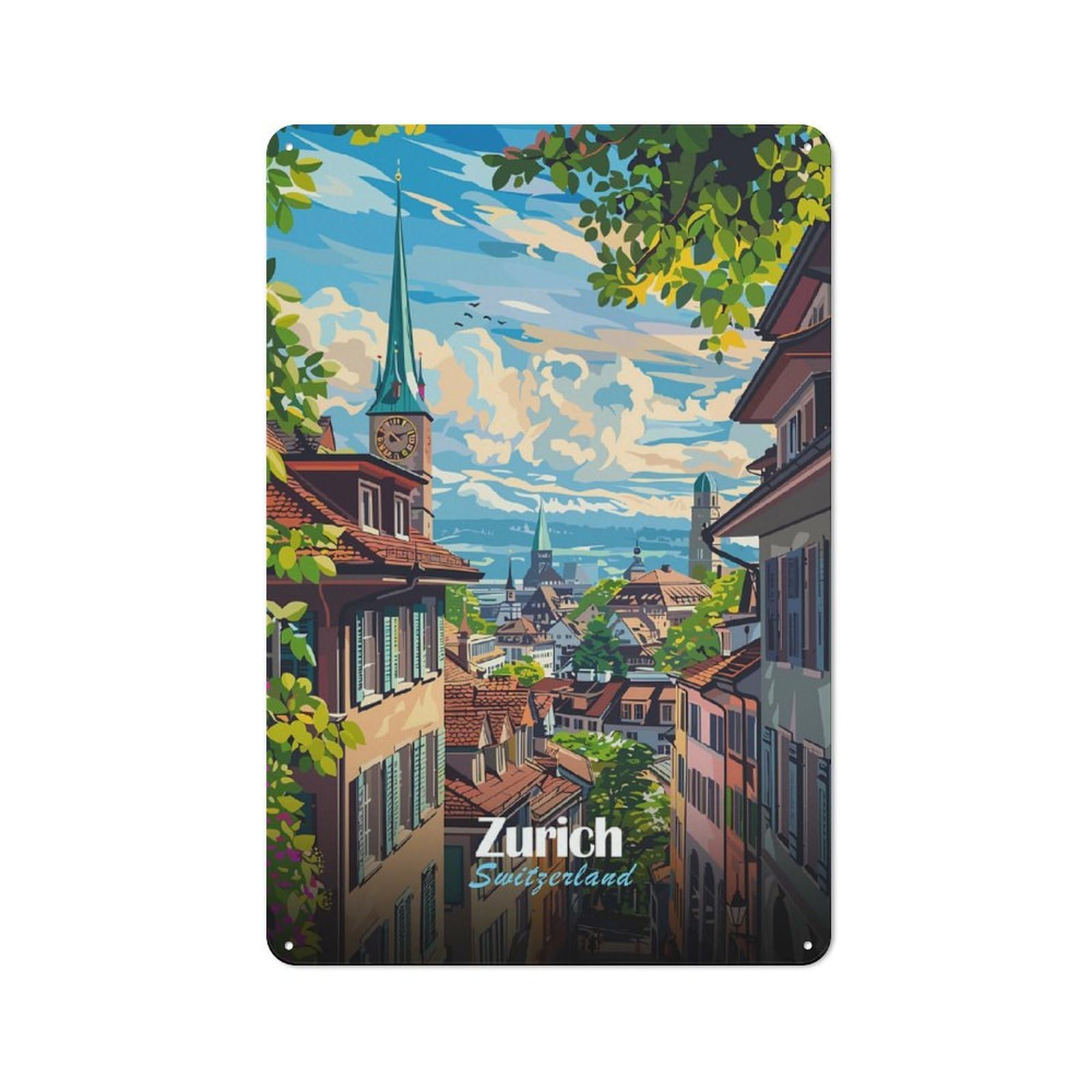 Junmoney Style-10 Metal Wall Sign 30X20cm Featuring Zurich, Switzerland Cityscape Art For Café Or Home Bar, A Decorative Gift For A Newly Furnished Café And Home Bar