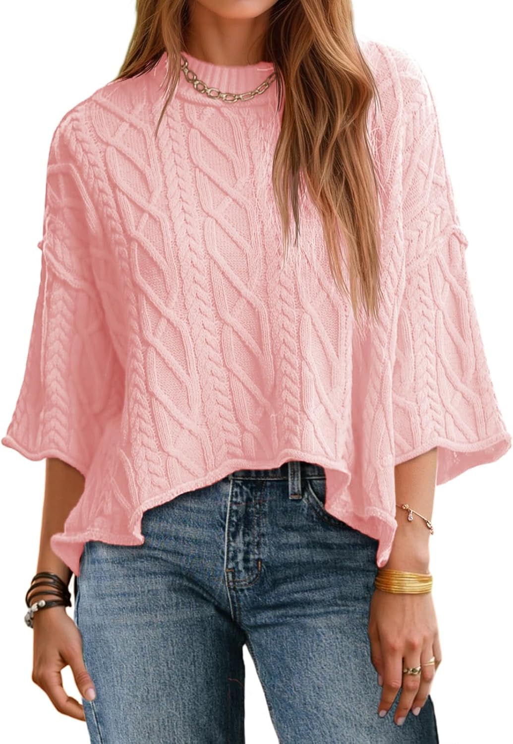 Saodimallsu Womens Cable Knit Cropped Sweaters Oversized 3/4 Sleeve Crew Neck Fall Casual Pullover Tops