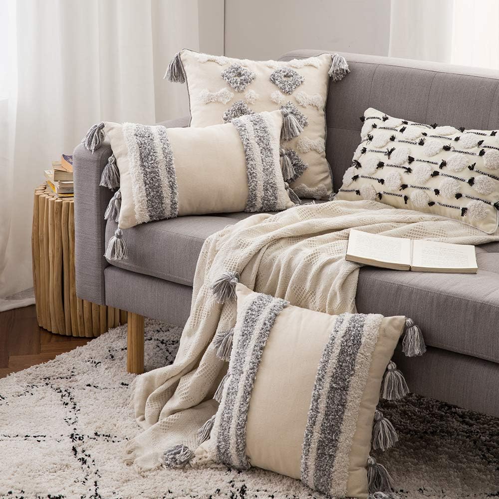 MIULEE Decorative Throw Pillow Cover Tribal Boho Woven Tufted Pillowcase with Tassels Super Square Pillow Sham Pillowcase Cushion Case for Sofa Couch Bedroom Car Living Room 18X18 Inch Grey