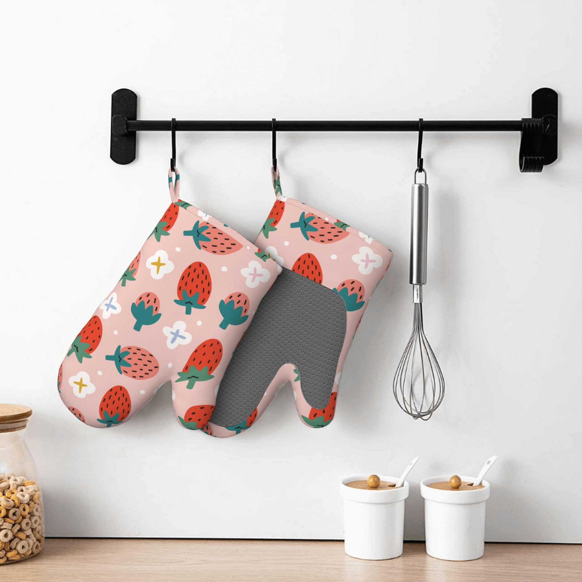 Lot de 4 maniques et maniques en silicone résistant à la chaleur et antidérapants pour cuisine, cuisine, grillades et micro-ondes Motif fraises