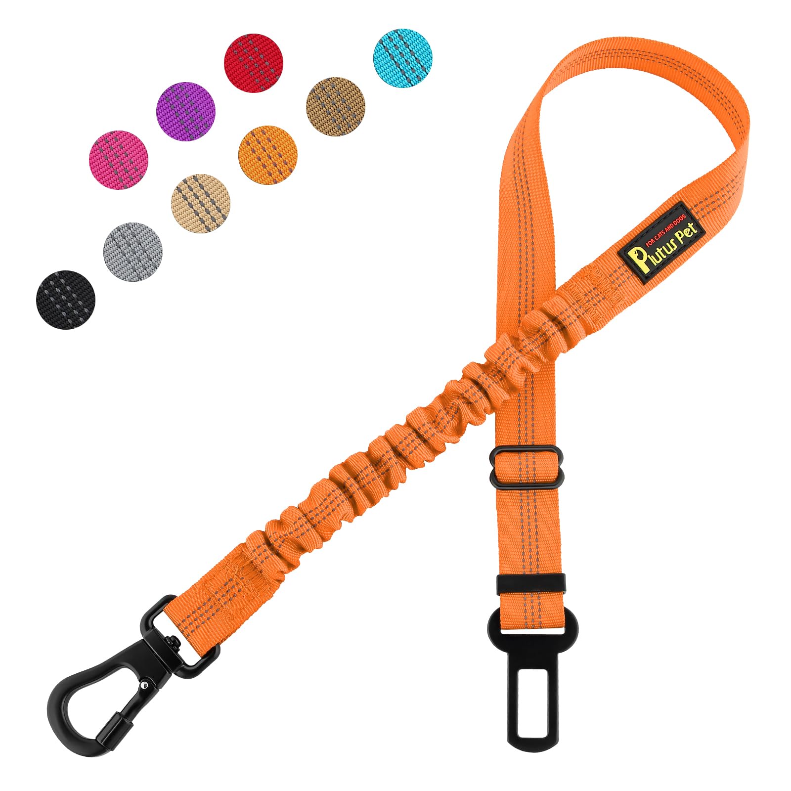 Plutus Pet Dog Seat Belt for Car, Adjustable Dog Car Harness with Carabiner Clip, Reflective Safety Dog Seatbelt Leash with Elastic Bungee, Orange