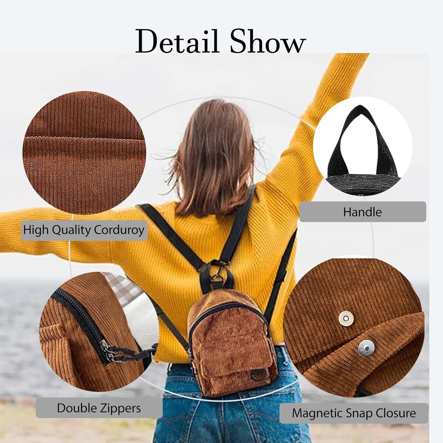 Corduroy Mini Backpack for Womens and Girls, Women's Small Backpack Casual Corduroy Backpacks Fashion Cute Backpacks Purse (Solid, Black) - Image 5