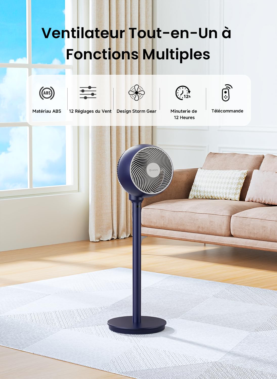 Airmate Ventilateur Silencieux 25 dB, Ventilateur Puissants 12 Vitesses, Portée de 26 m, Ventilateurs sur Pied avec Télécommande, Trois Hauteurs Réglables, Ventilateurs à économie d'énergie 20W