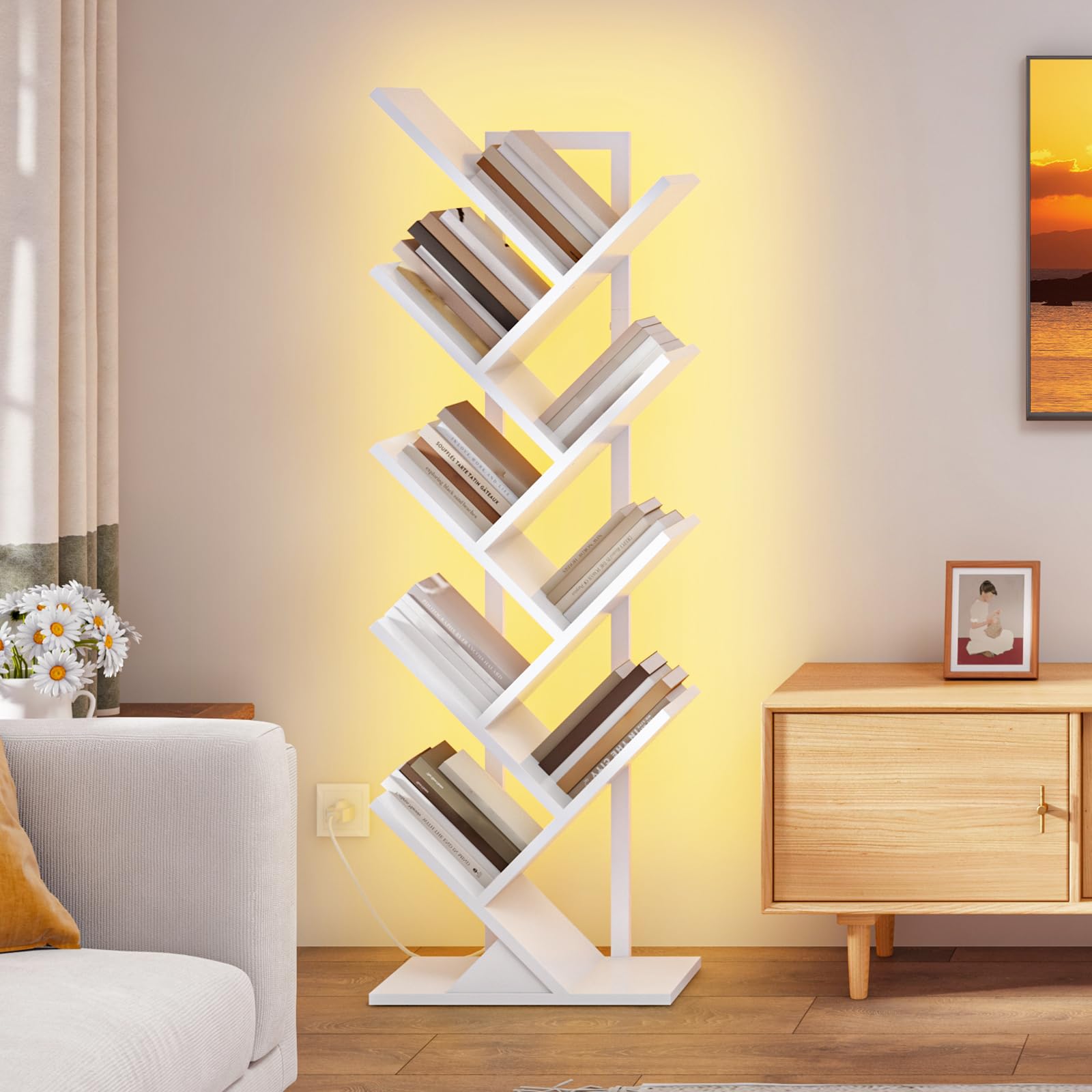 HOOBRO Librería en Forma de Árbol de 8 Niveles, Estantería Esquinera de Pie, Biblioteca Moderna con Marco de Metal para Libros, CDs, Salón, Dormitorio, Oficina, Blanco EWW08CDSJ01