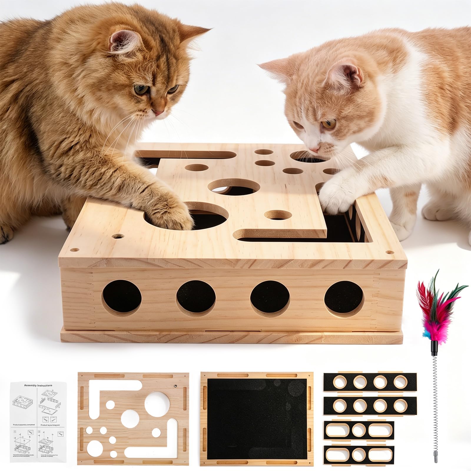 Katzen Kratzpuzzle 2-in-1 Nagelfeilen Box mit Sandpapier, Interaktives Katzenspielzeug Holz für Stressfreie Krallenpflege & Möbelschutz, Kratzbrett Ersatz für Wohnungskatzen, Natur