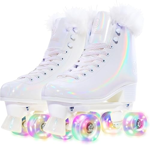 JajaHoho Patines de ruedas para mujer, piel sintética blanca holográfica de alta calidad, patines de doble fila con cuatro ruedas brillantes de