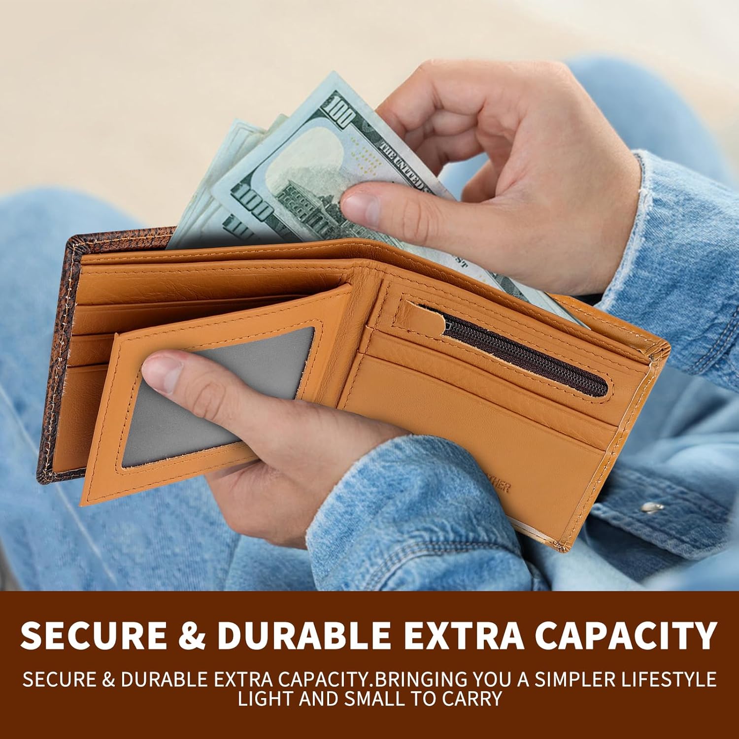 Full Grain Leather Bifold Wallet, RFID-Blocking for Men, Rodeo Style with 10 Slots (Brown, Stars), Gift - Image 7