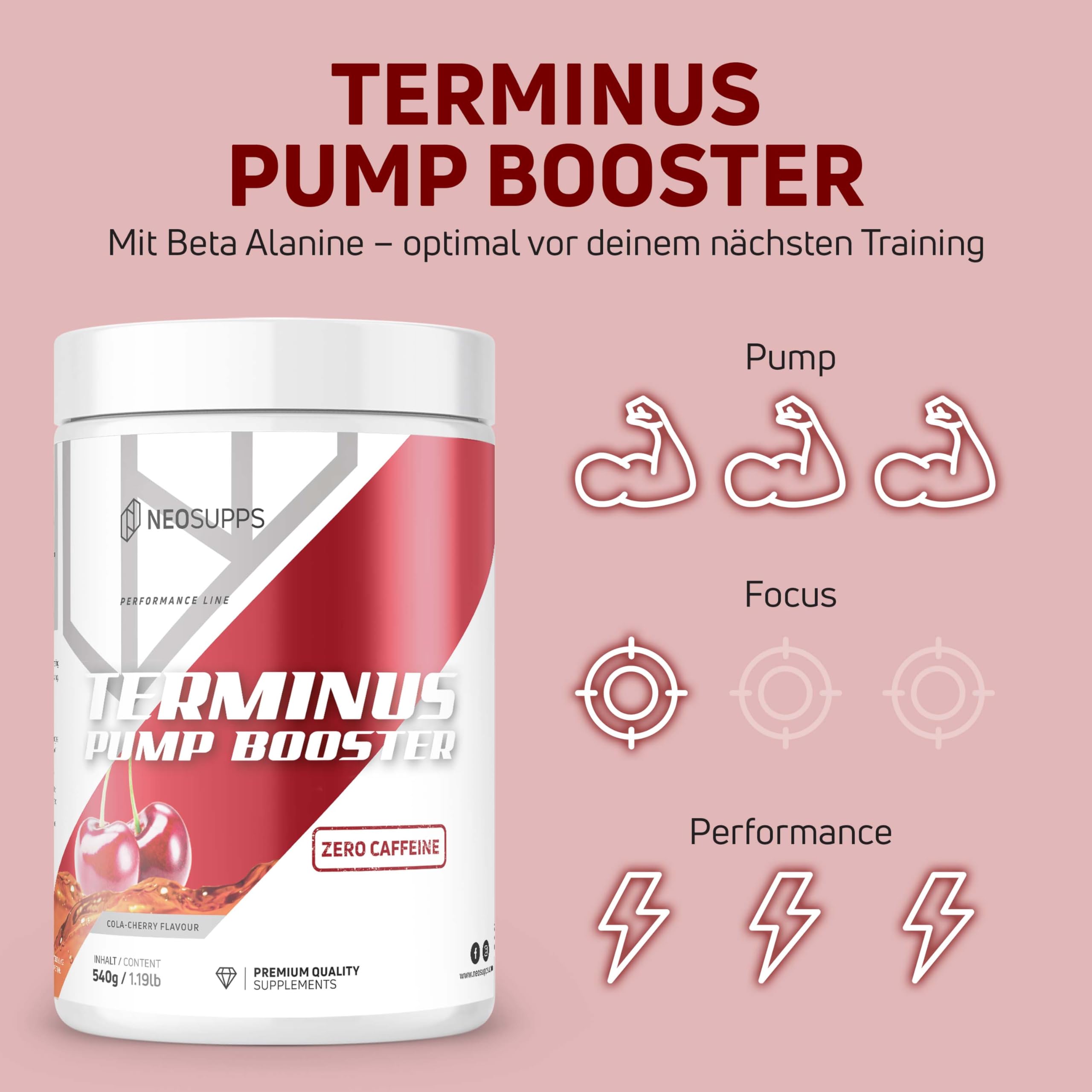 NEOSUPPS Pre Workout Booster Terminus PUMP XXL Cola Kirsche 540g, ohne Koffein, Booster, Vegan, Fitness & Gym, Pump & Fokus, geprüfte Qualität, 8.000 mg L-Citrullin, 20 Portionen