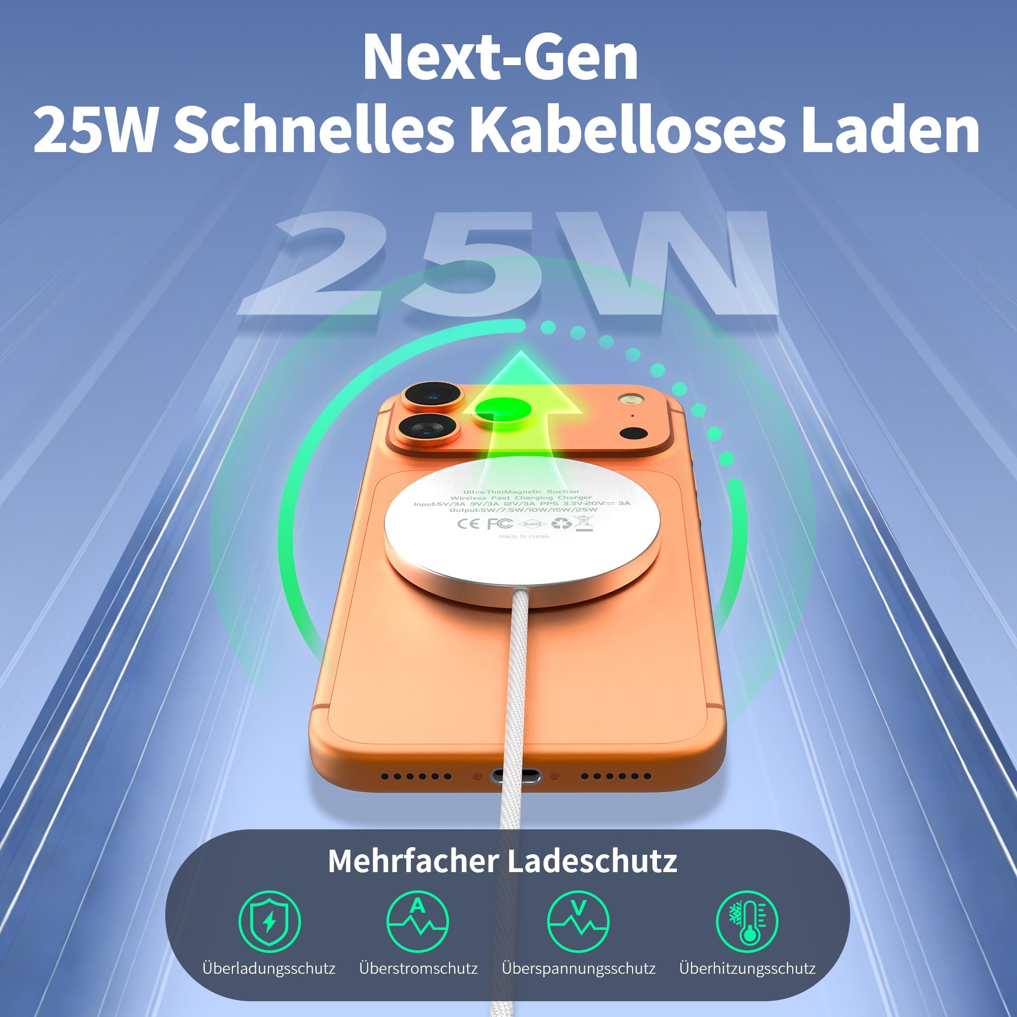 25W Wireless Charger for MagSafe, Ultra-Thin Magnetic Wireless Charger [Only for iPhone 17/16/15/14/13/12/AirPods] with Fast Charging, Strong Magnetic, Heat-Control Design, 1.2m Braided Cable — view 3