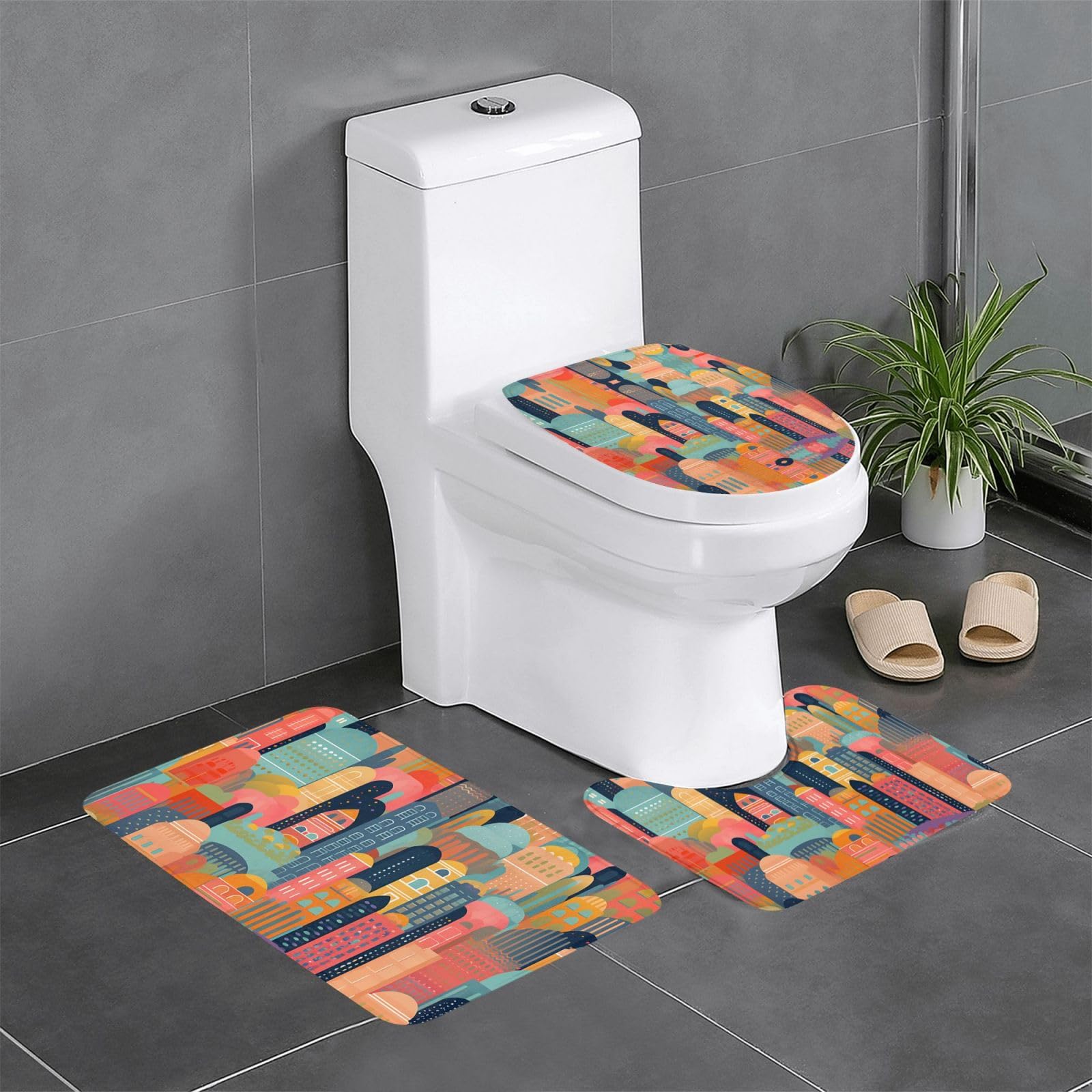 Tapis de salle de bain Rainbow City : lot de 3 tapis antidérapants avec contour pour toilettes