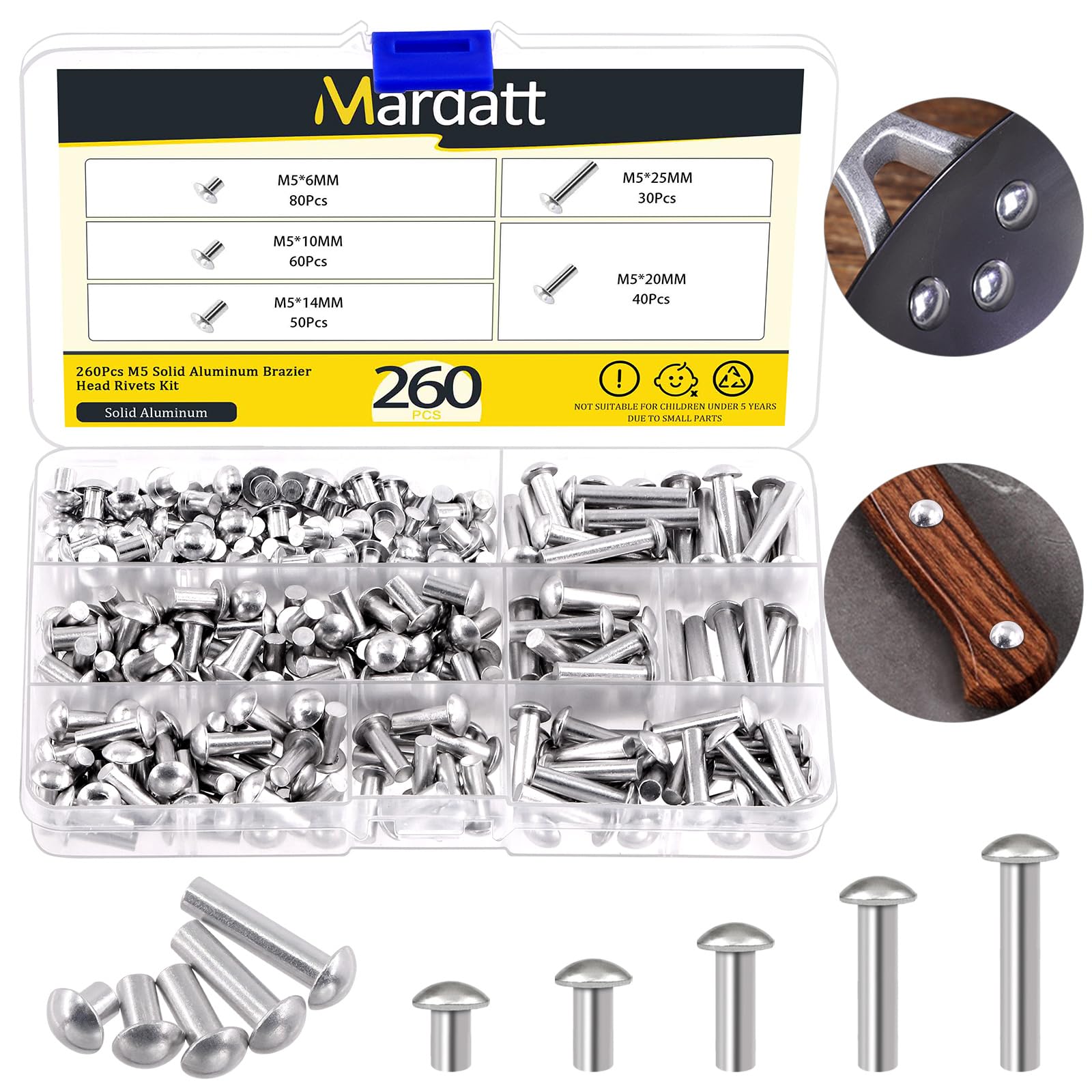 Mardatt330Pcs M4 Solid Aluminum Brazier Head Rivets, M4 6mm 10mm 14mm 20mm 25mm Length Aluminum Rivets Fastener, Plain Finish, Solid Rivet Kit M4 Flat Head Solid Rivets Assortment Kit for Industry