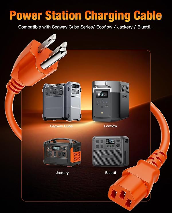 Heavy-Duty Power Station Charging Cable, Fast Charging Cable Compatible with Segway Cube/Ecoflow/Jackery/Anker Portable Power Station, 125Volt 15Amps Universal AC Power Cord Orange(16FT) by stio - Used condition - Image 2