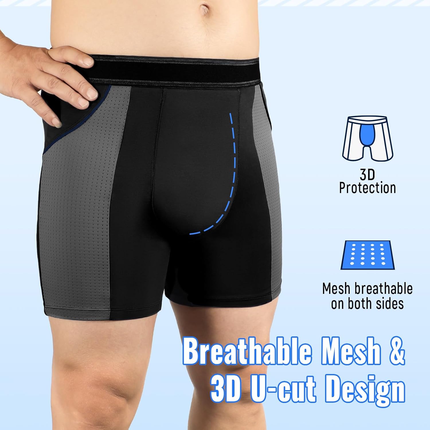 Carer Mens Incontinence Underwear for Bladder Leak Protection 80ML Incontinence Underwear for Men Washable Breathable Leak Proof Underwear for Men Urinary Incontinence Boxer Shorts (Black/Blue, 3XL) - Image 2