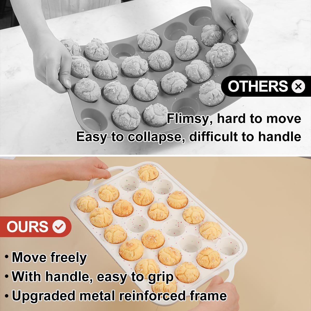 CAKETIME Mini Muffin Pan, Metal Reinforced Frame Mini Cupcake Pans 24 Cups Nonstick Muffin Silicone Molds with Handle for Baking Muffins, Cupcakes, Egg Bites 2 Pack - Image 4