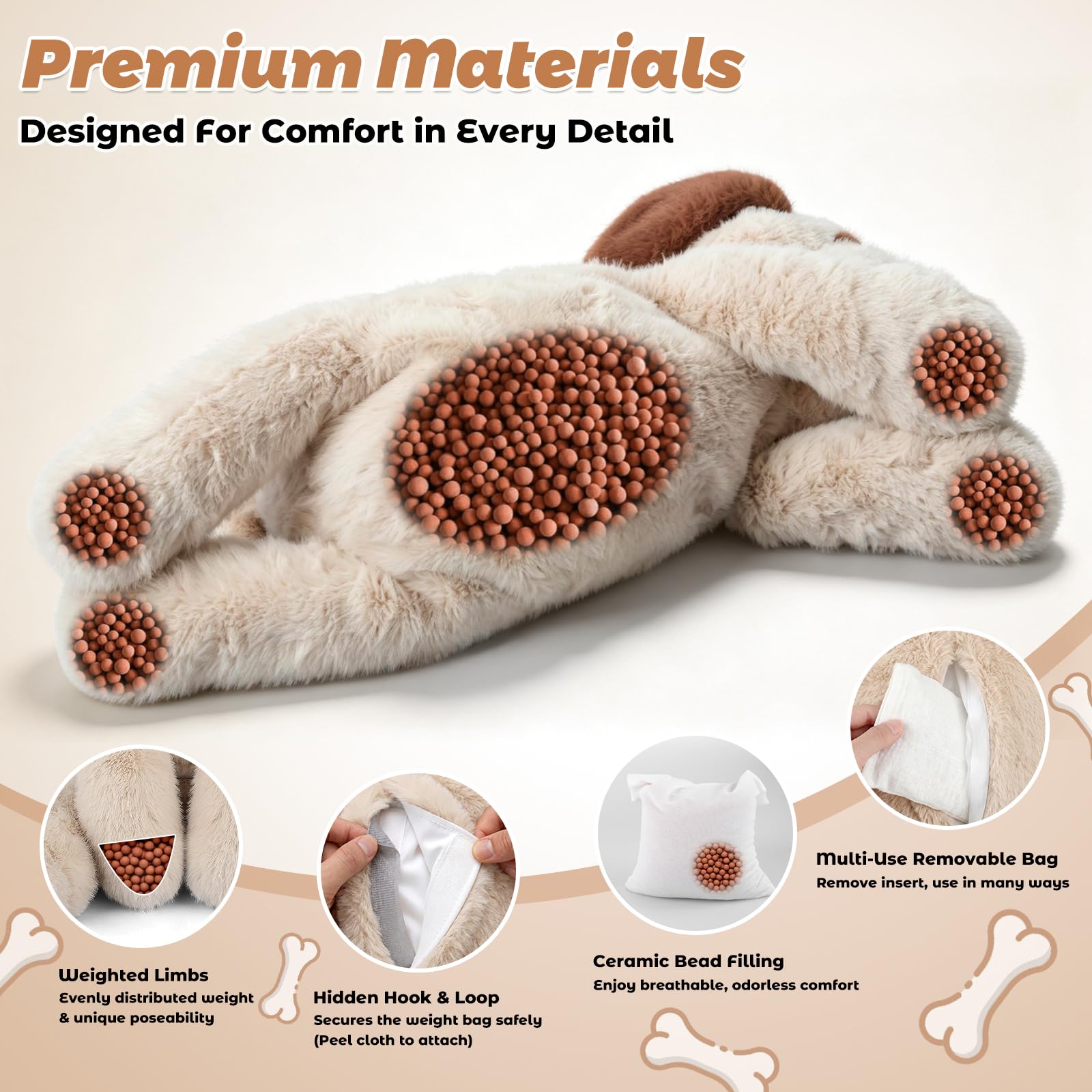 Bobbie & Laxi Peluche de perro con peso de 24 pulgadas y 4.4 libras, almohadas de peluche ajustables para sentarse y acostarse con bolsa de cerámica extraíble para compañero, regalos suaves y suaves