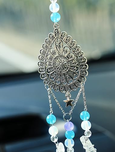 Miniatura 3 de Nosadi Dije de espejo retrovisor hecho a mano con diseño de arco iris, fluorita, cuarzo, mandala, decoración para colgar en la pared, decoración de