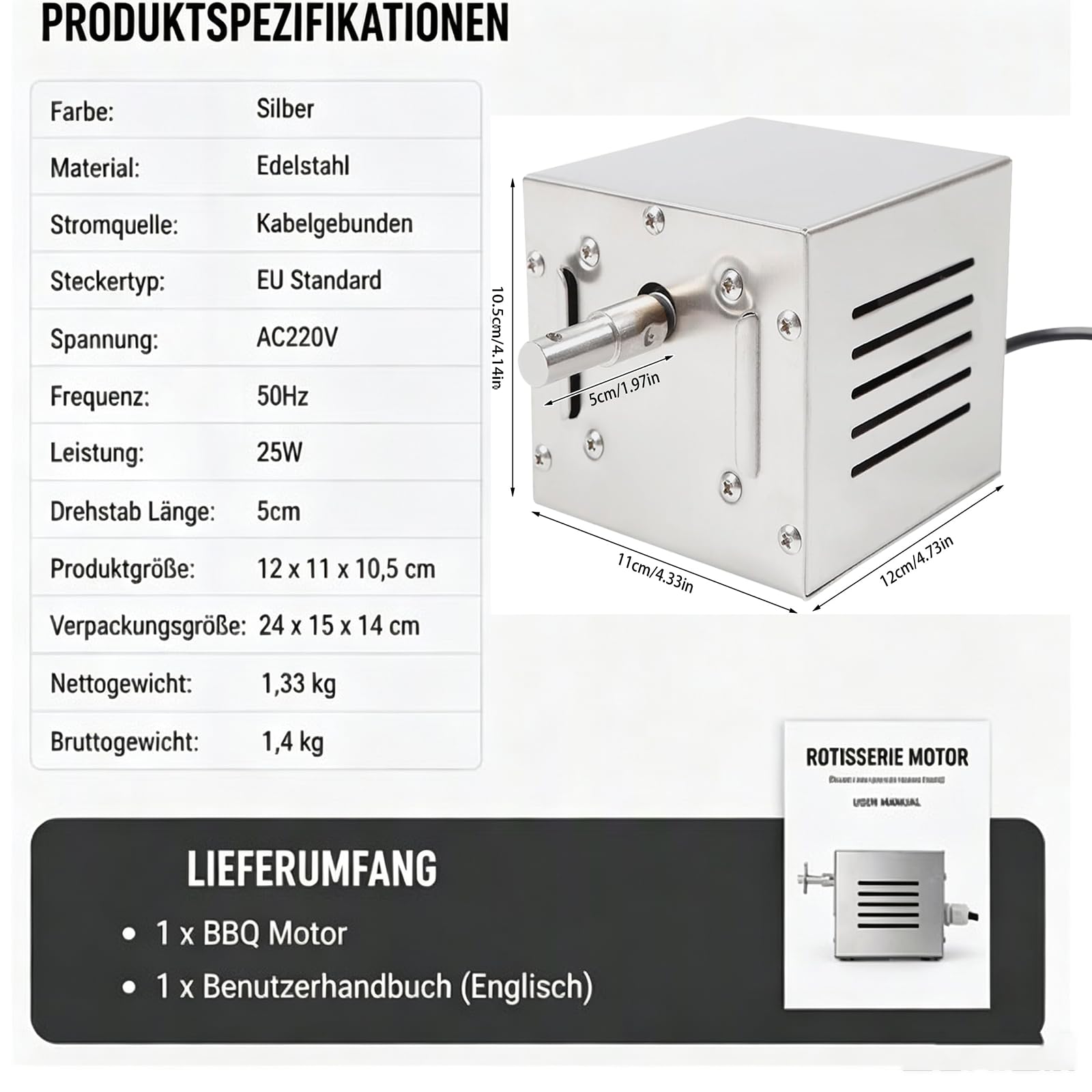 Grillmotor 25W Rotisserie-Motor Edelstahl 60kg Last