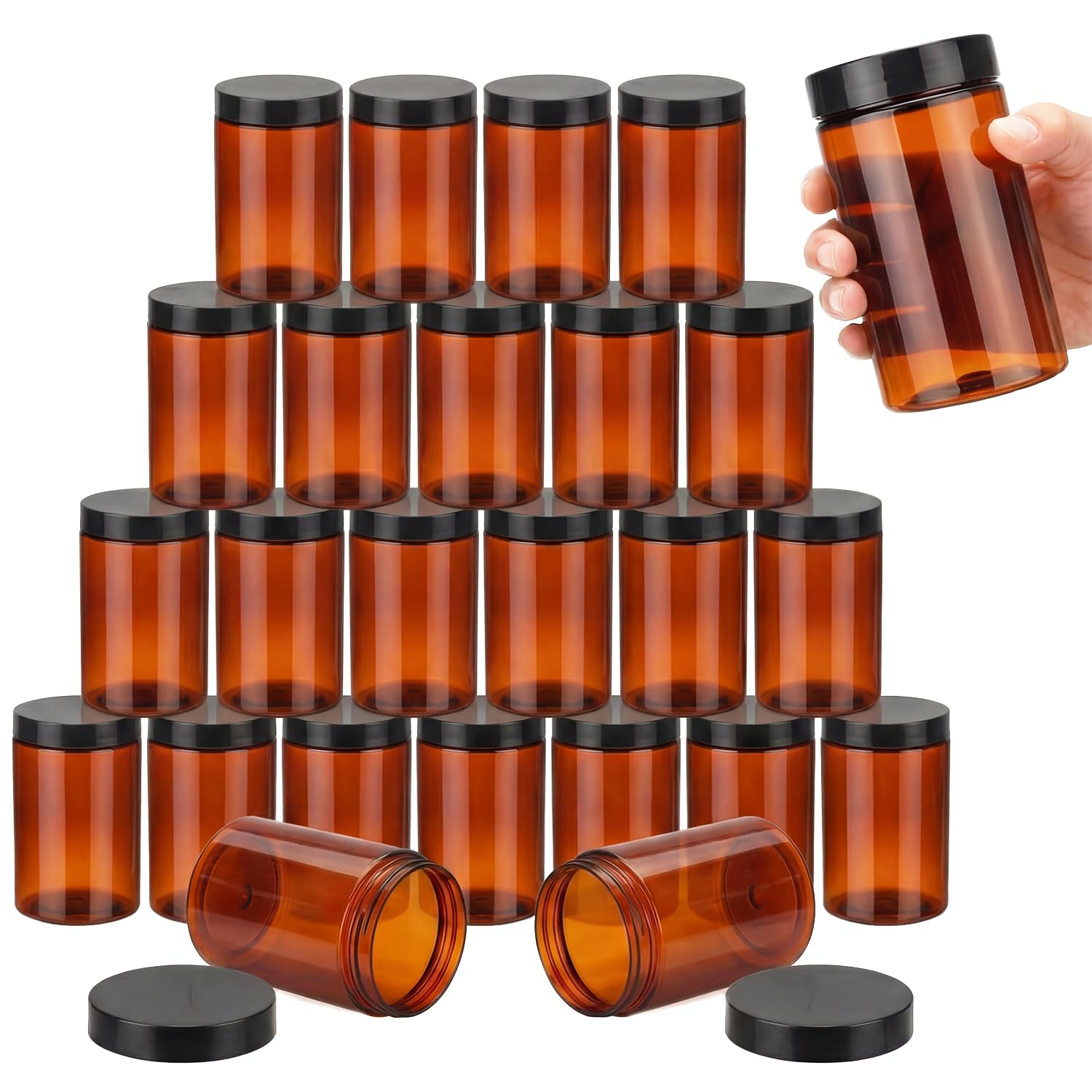 SATINIOR 24 Pieces Clear Plastic Jars with Lids, Amber Lid, 12 oz