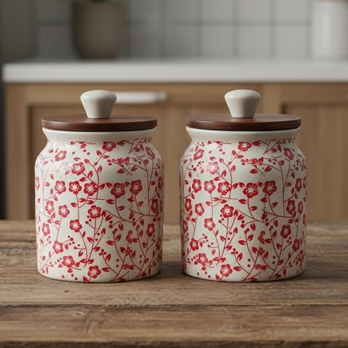 Vistas 'Heritage Red' Airtight 420ml Set of 2 Ceramic Jar for Kitchen Storage | Handcrafted Ceramic Barni with Wooden Lid | Multipurpose Pickle, Spice & Salt Container