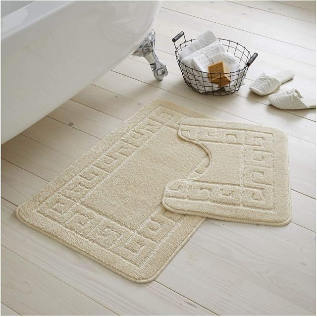 GC GAVENO CAVAILIA Greek Key Pattern Bath Mats 2 Piece Sets Non Slip, Soft Washable Rug Quick Dry Water Absorbent Bathroom Shower Mat & Pedestal Set, Cream