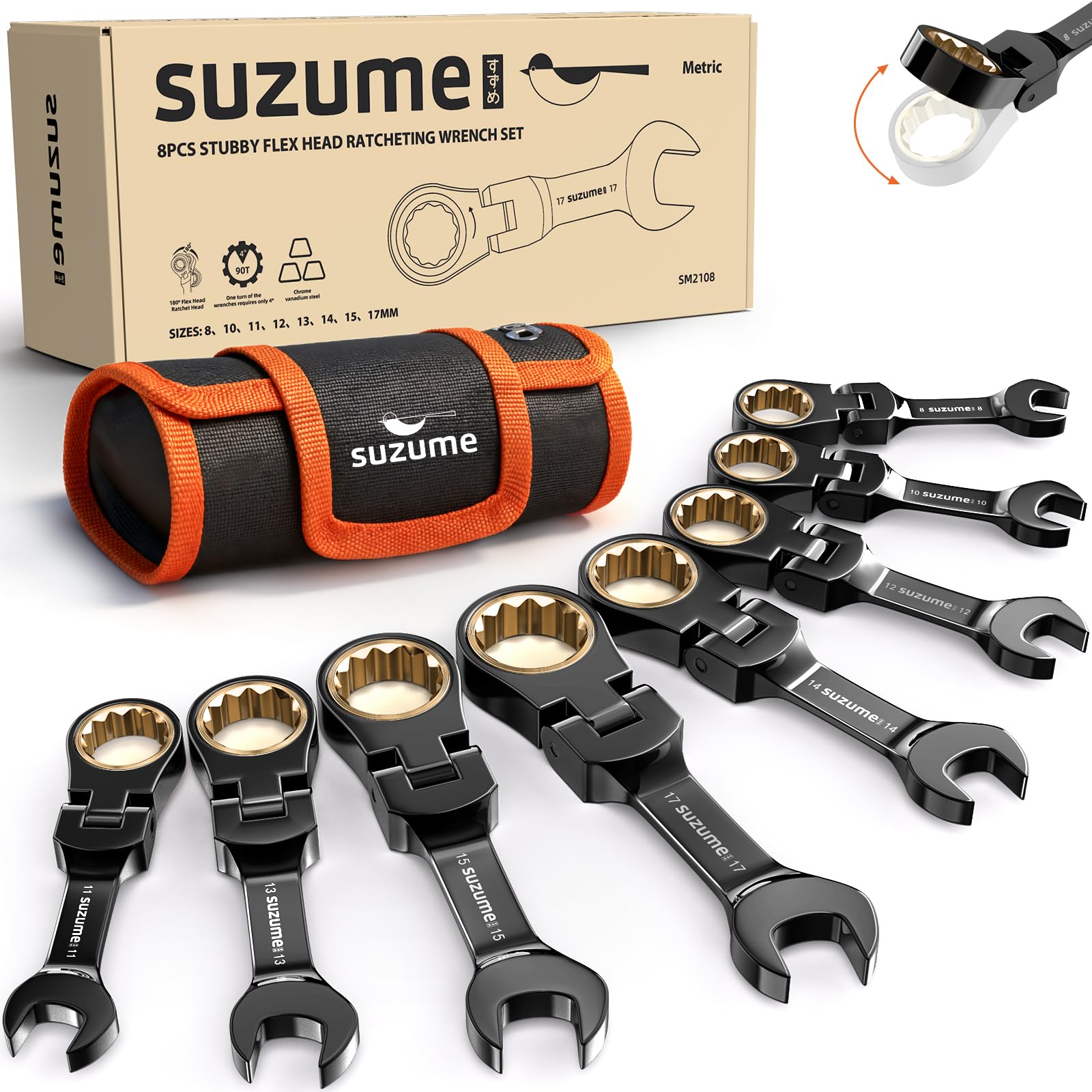 SUZUME Stubby Flex Head Ratcheting Wrench Set 8PCS Metric (8-17mm) | 180° Flexible Head C…