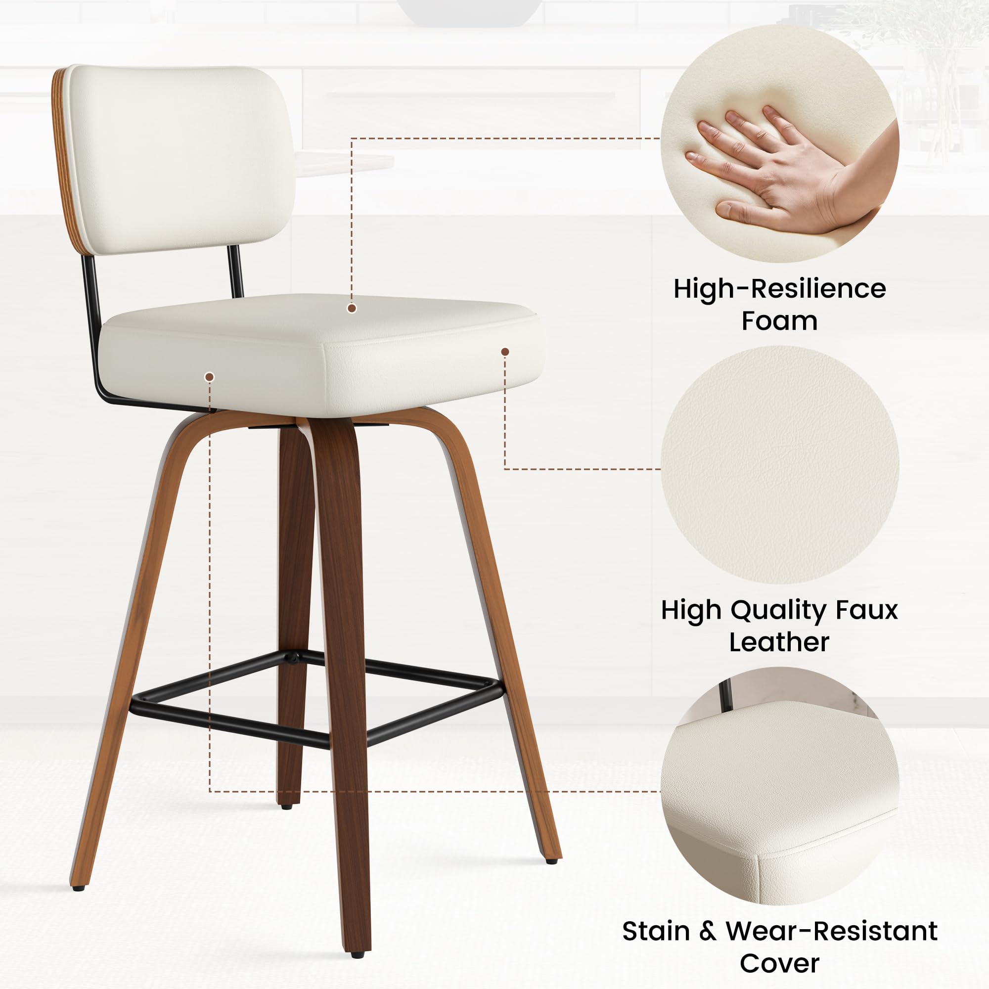 360°Drehbarer Barhocker 2er Set, PU Barhocker 65cm Sitzhöhe mit Holzbeinen, Mid-Century-Design Bar hocker mit 4 Beinen und Lehne, Barstühle Küchenhocker für Küche und Bar,Weiß