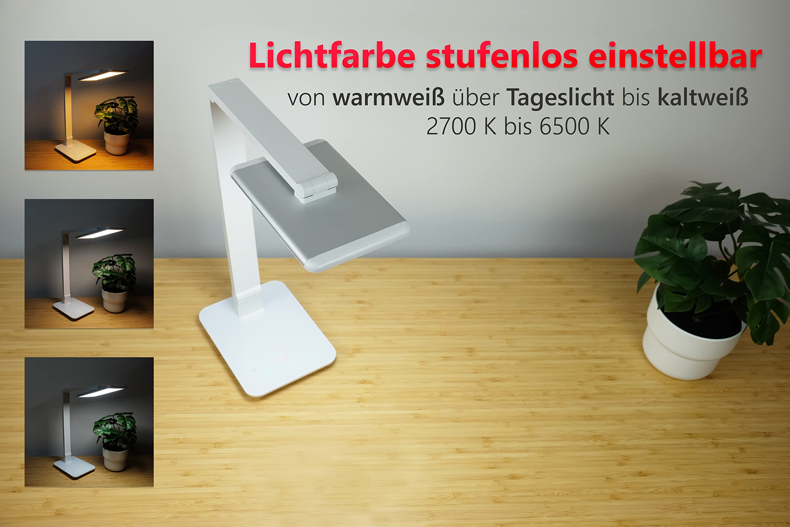 FeinTech LTL00100 LED Schreibtisch-Lampe Lichtfarbe warmweiß bis kaltweiß dimmbar 550 lm, Aluminium, ABS-Kunststoff, Acrylglas, weiß, 37 x 15 x 43.5 cm
