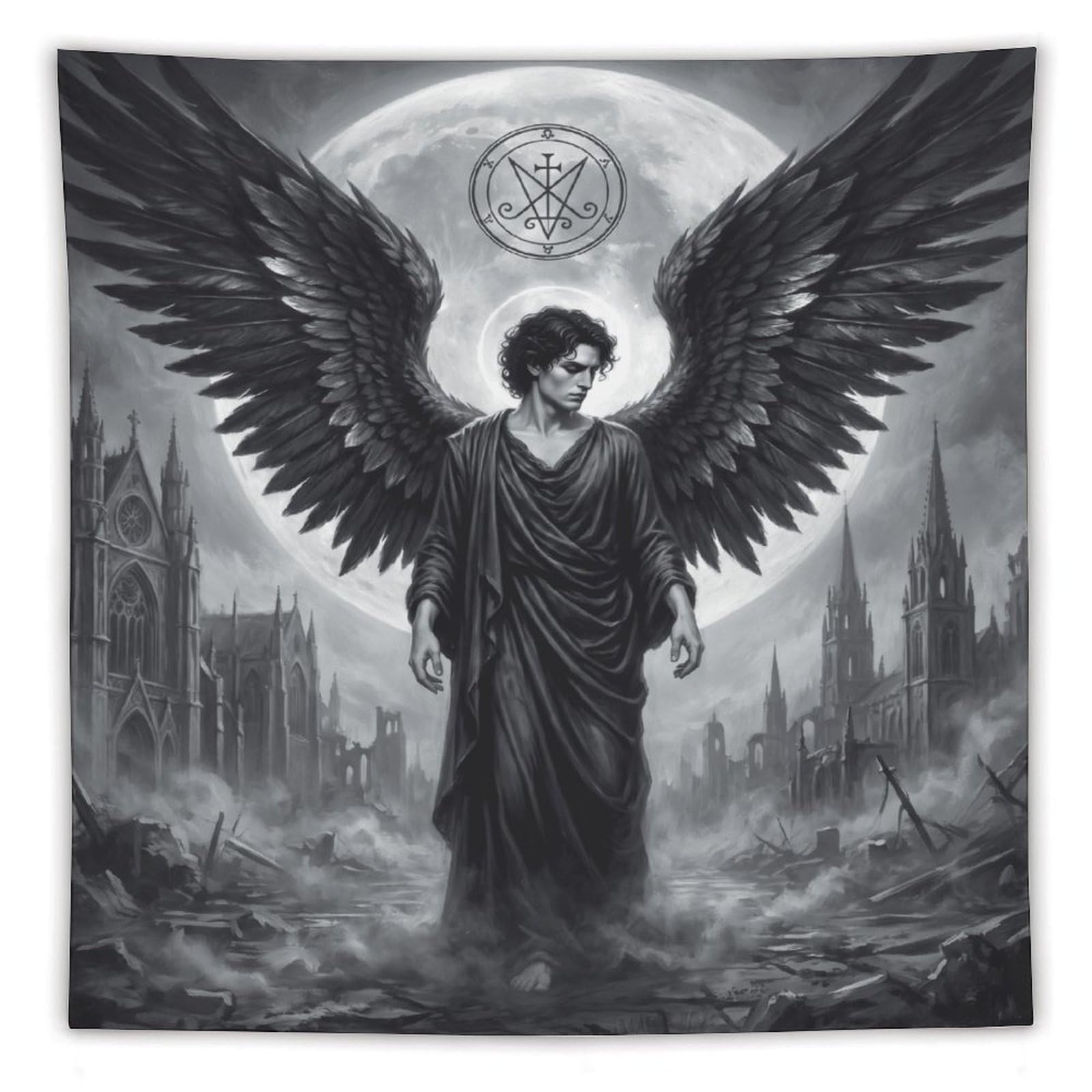 H3B8U2Y5 Dark Angel Lucifer Monochrome Wall Tapestry, Moonlit Ruins