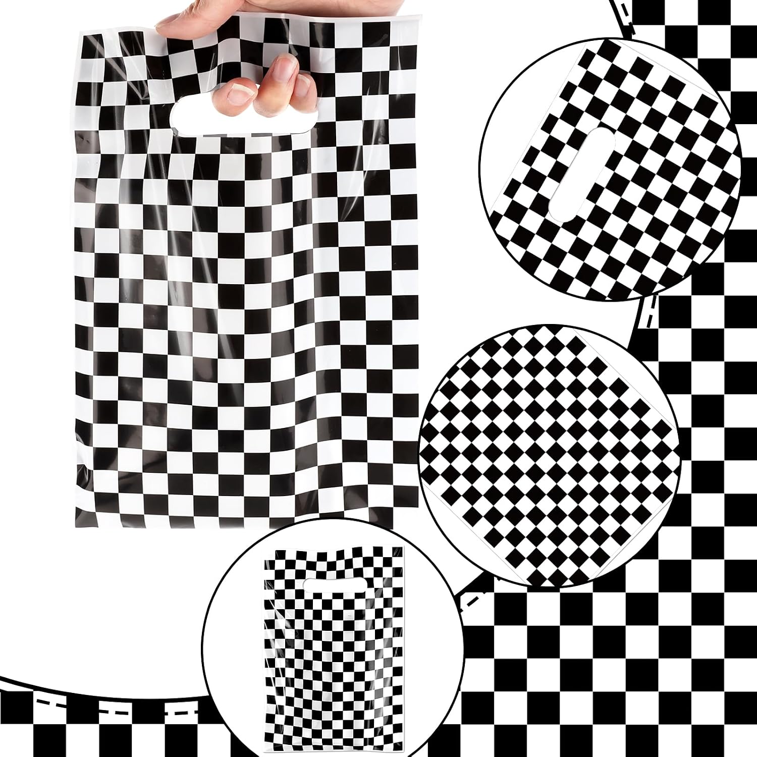 Hxezoc 50 Pieces Race Car Party Goodie Bags Plastic Checkered Bags Practical Gift Bags Car Party Favors for Race Car Theme Birthday Party Decoration Supplies