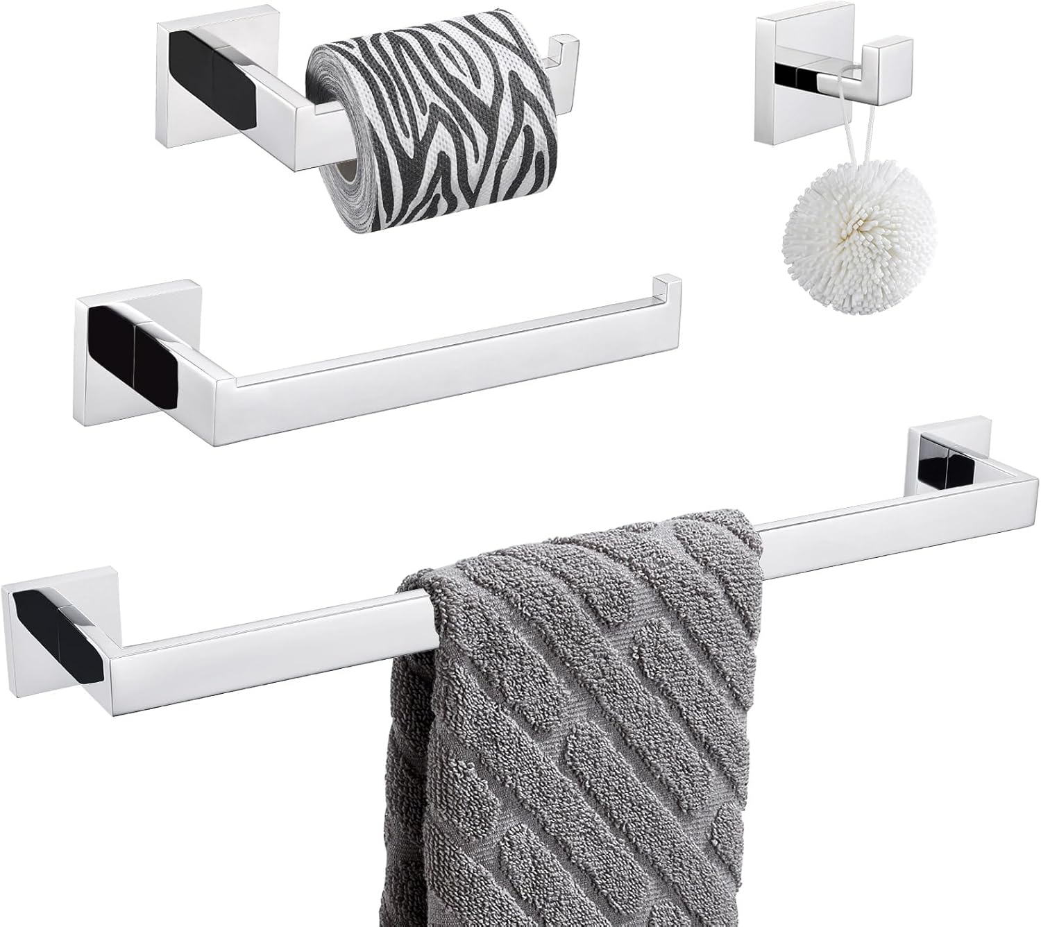 Suyar Polished Chrome Bathroom Hardware Set 4 Pieces, 304 Stainless Steel Bathroom Accessories, Include Robe Hook, Toilet Paper Holder, Hand Towel Holder, Bath Towel Bar