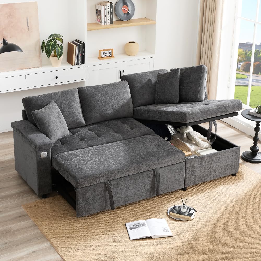 Sapgaks Sofá de esquina convertible en L con USB, sofá cama con función de almacenamiento, sofá convertible de 3 plazas, sofá de 3 plazas para salón de tela relajante, equipado con espacio de