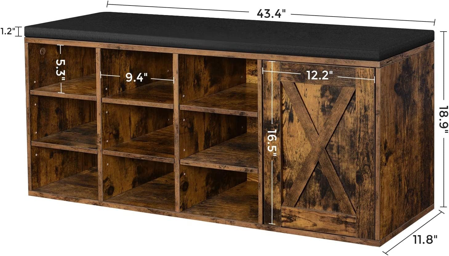 Tinkle Well Storage Bench with 9 Compartments and 1 Cupboard, Barn Door Entryway Shoe Organizer, Cabinet Rack with Padded Seat, Rustic Brown