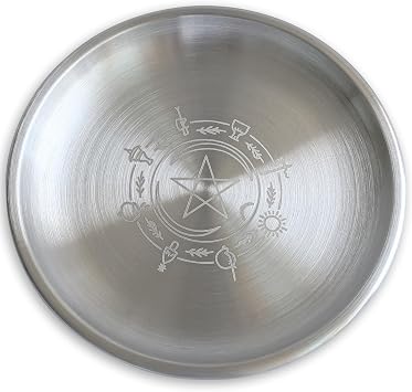 Stainless Steel Offering Bowl, 5.5 Inch Ritual Plate, Silver, for Altar and Incense Wicca Pentacle