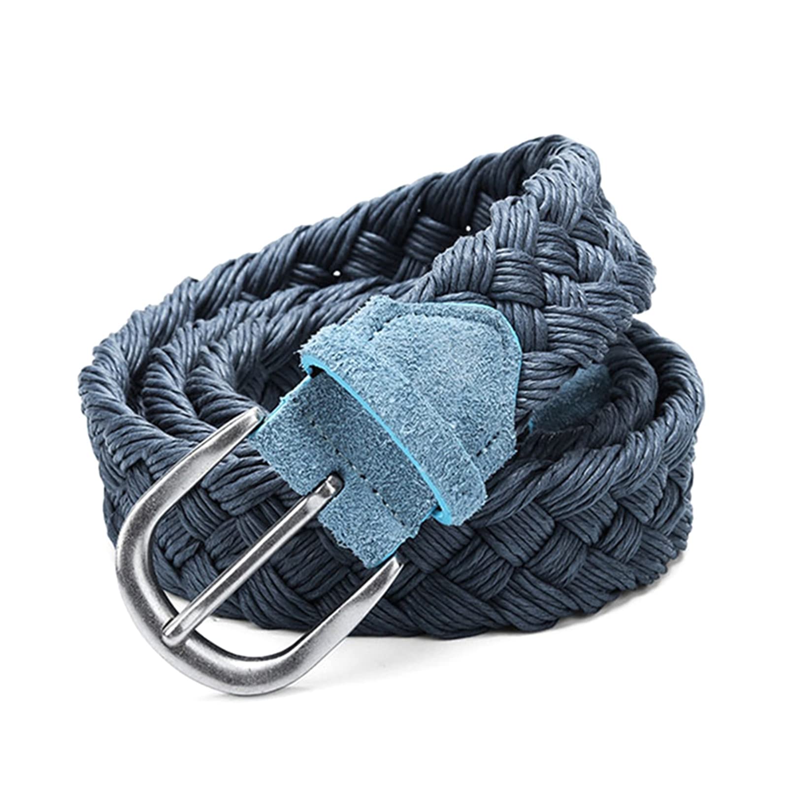 Suede Leather Braided Belt with Wax Rope Knitted Without Holes Cotton Weave Belts Handwork Belt 100-130 cm, Blue