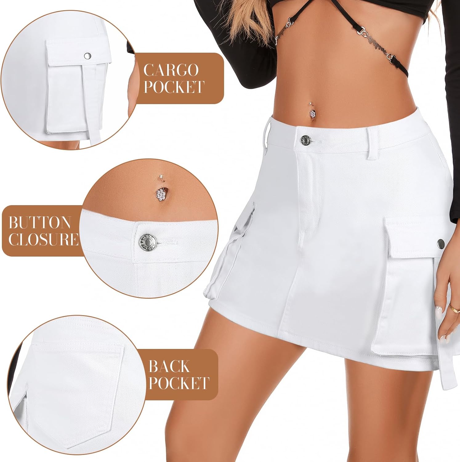 PEIQI Sexy High Waist Cargo Skirt for Women Stretchy Button Mini Cargo Denim Skirt with Pockets - Image 2