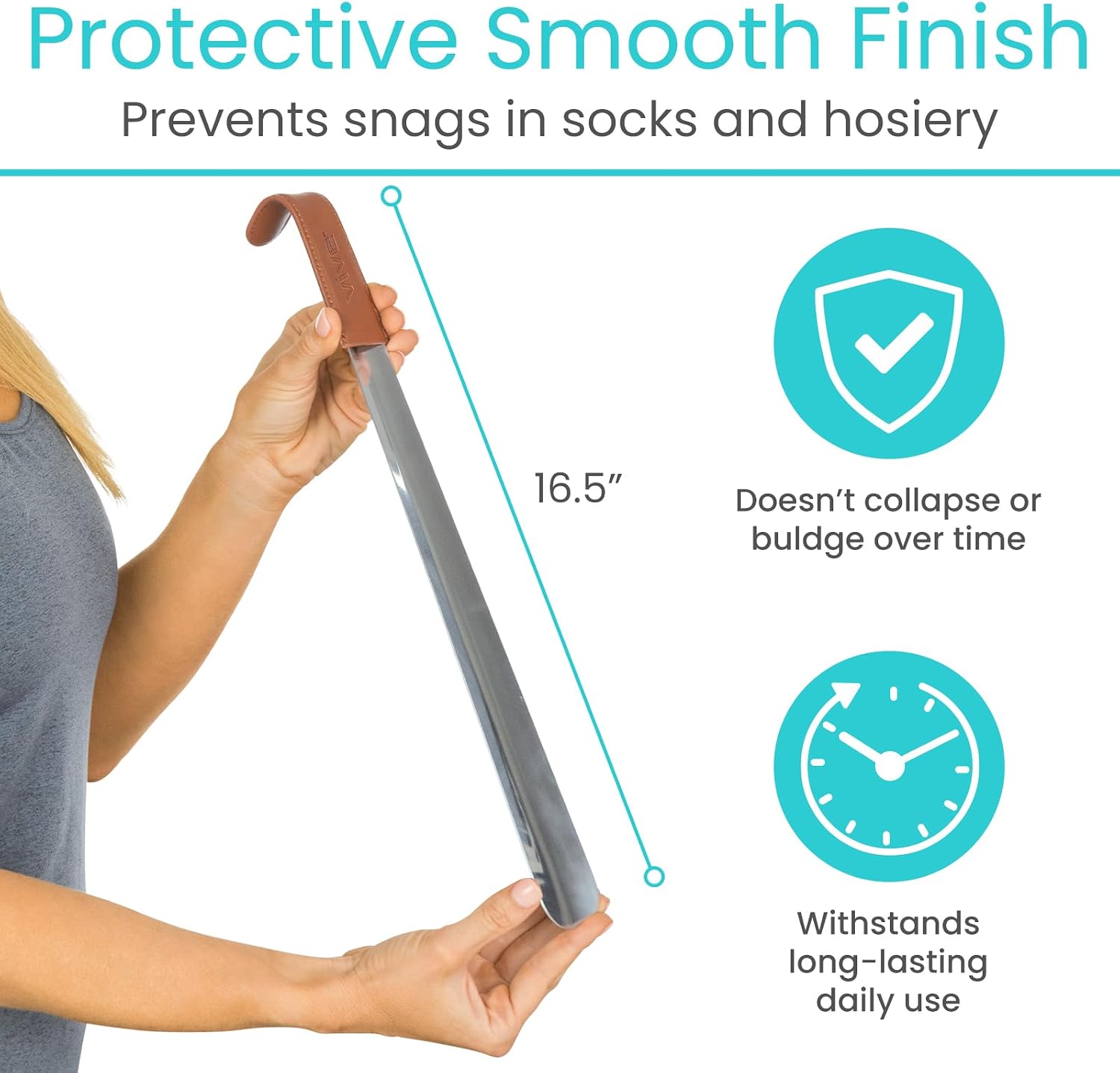 Vive Long Shoe Horn - Metal Shoehorn for Men, Women, Kids, Travel, Boots - Dress Assist, Large Extended Mobility Reach Stainless Steel Leather Handle - Handicap, Elderly Senior, Pregnancy (16.5 Inch)