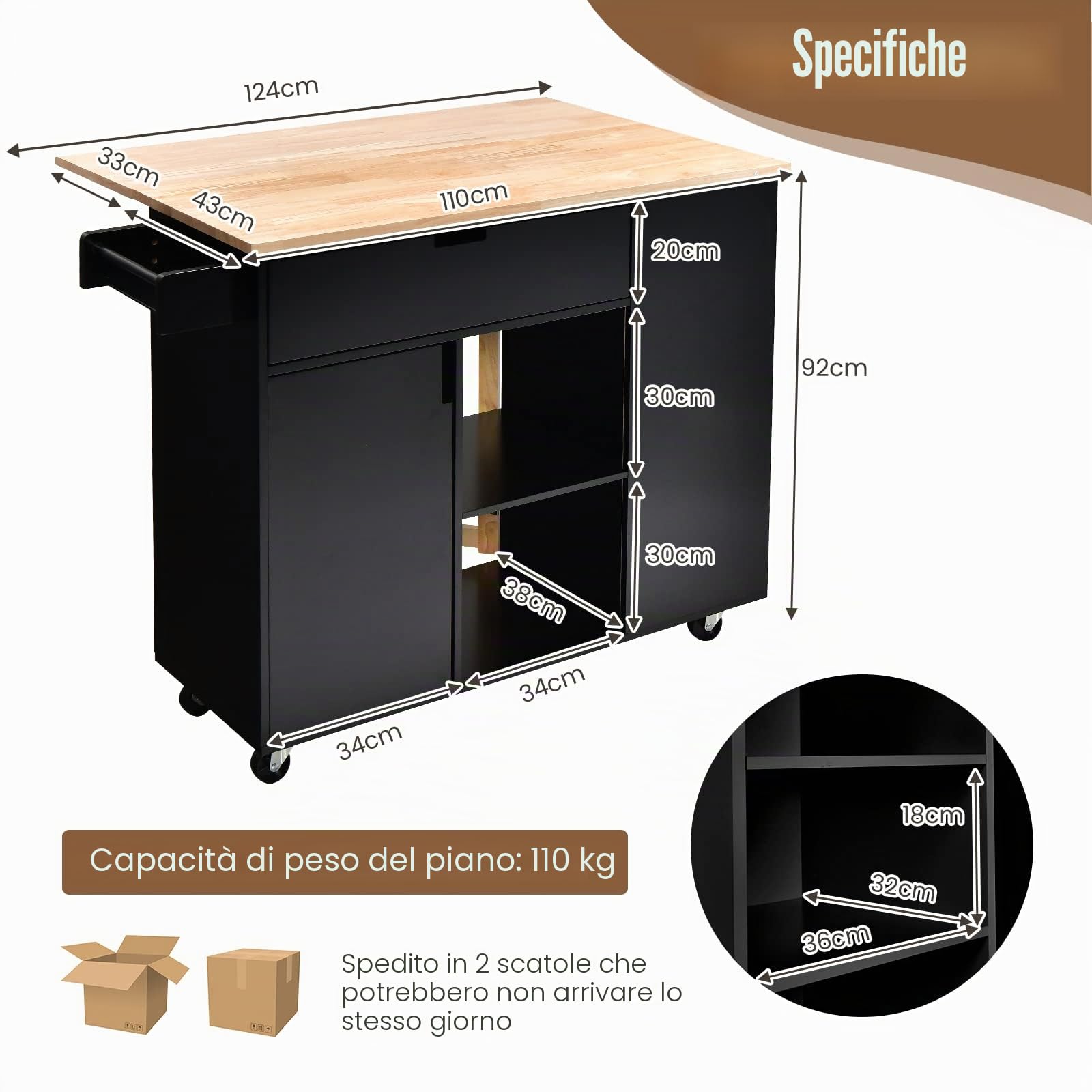 KOMFOTTEU Carrello da Cucina a Isola in Legno, Carrello di Servizio con Piano di Lavoro Estraibile, Mobile da Cucina con Cassetto, Ripiano Regolabile, Carrello da Cucina a Isola (Nero)